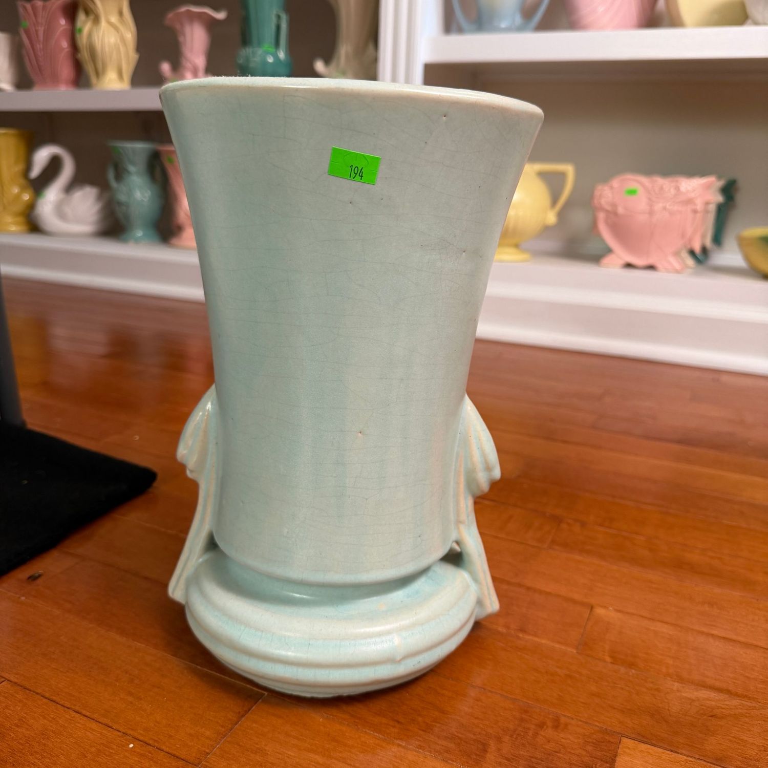 Lot #194, McCoy pottery aqua deco tall vase, 12"