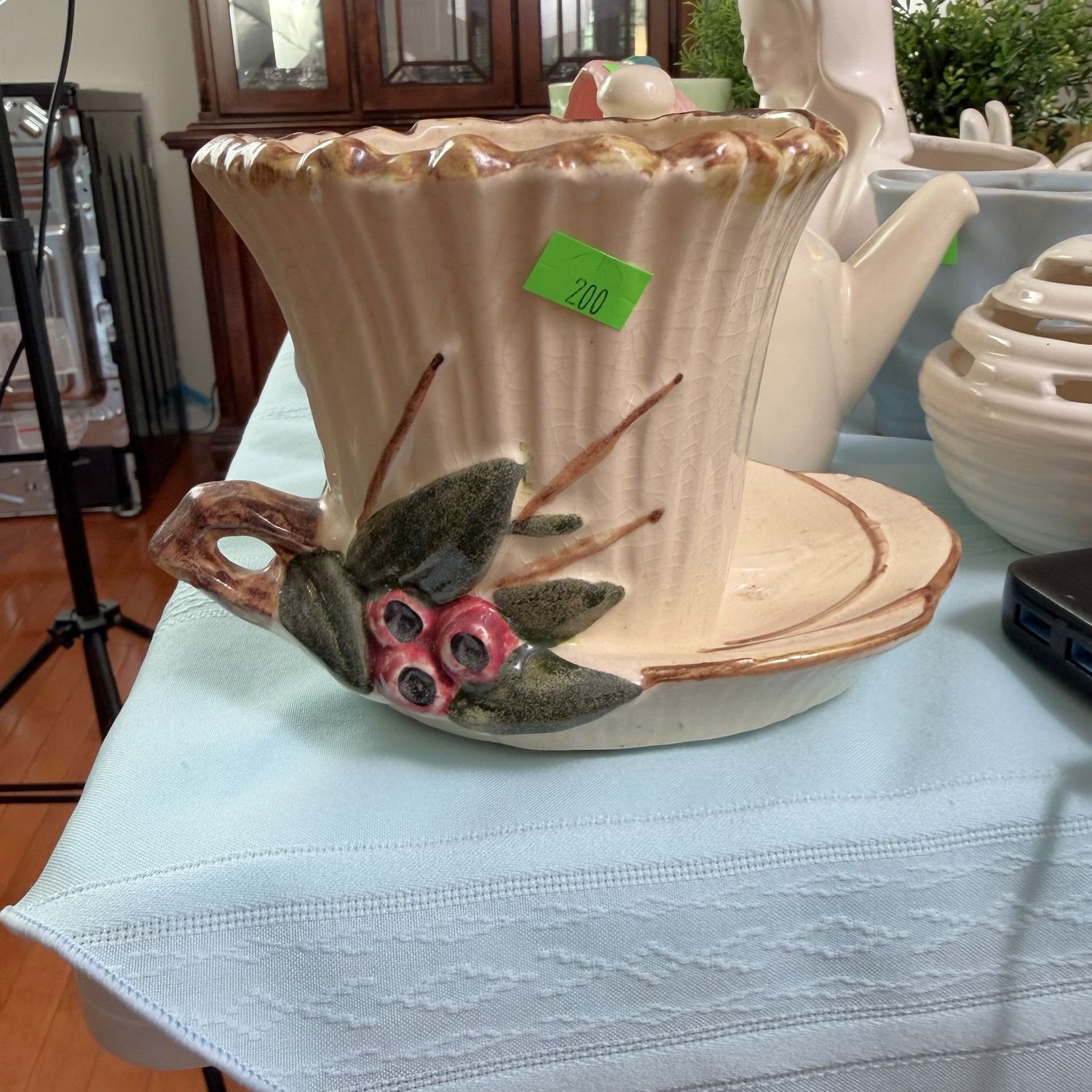 Lot #200, McCoy pottery lotus leaf & berry planter,  a few chips in the back, 5"H