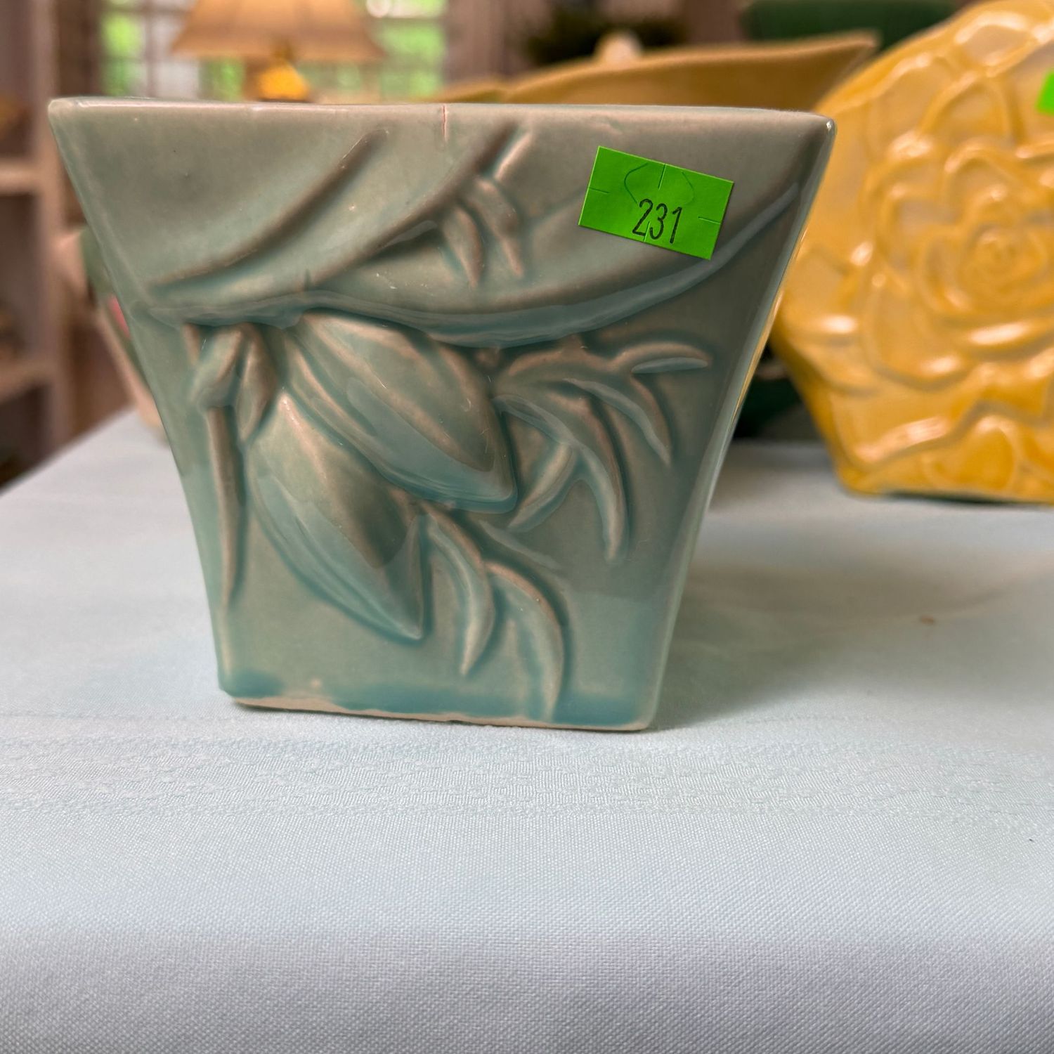 Lot #231, green McCoy pottery fig & leaves planter,  4"H