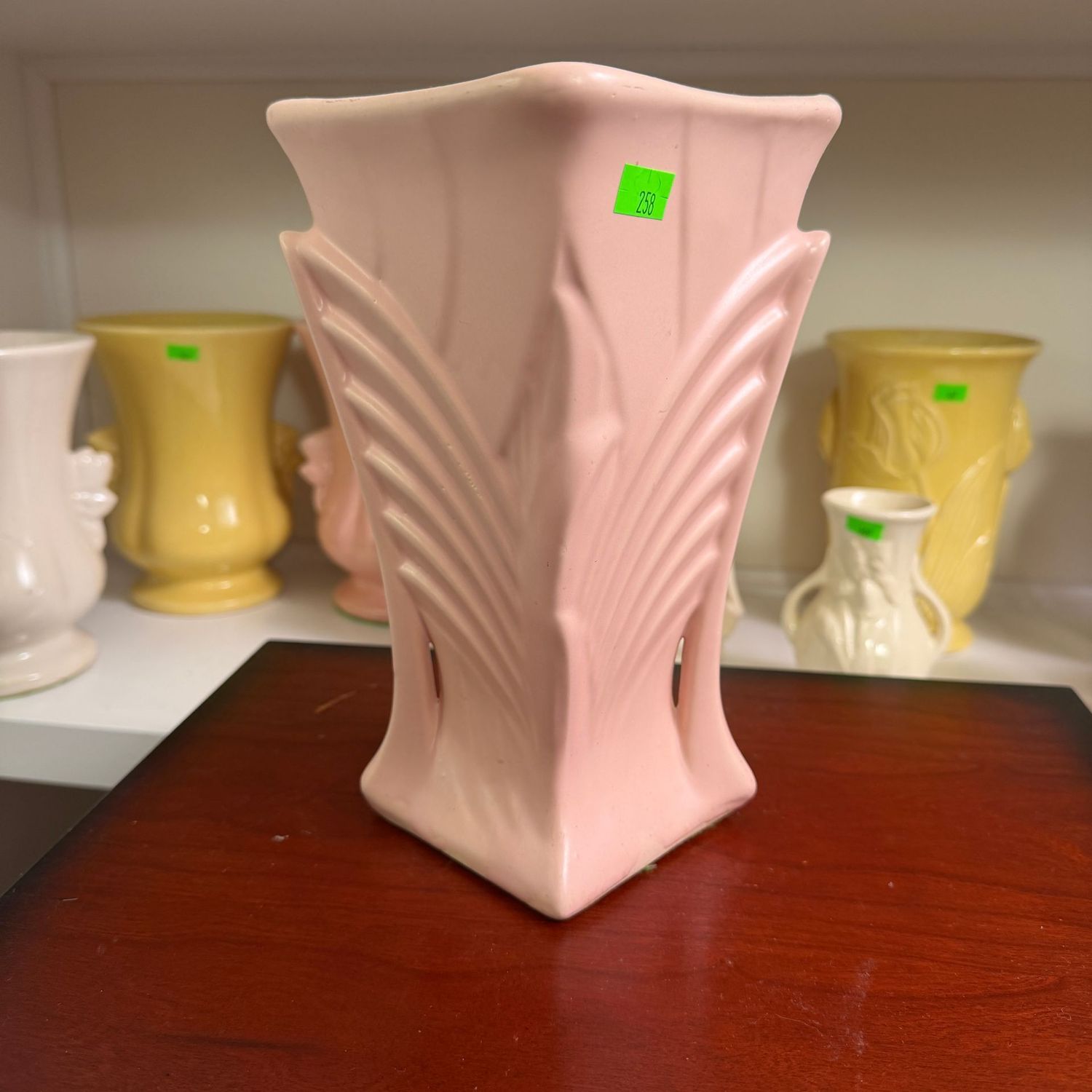 Lot #258, McCoy pottery pink feathered grass, fan, vase, 8"