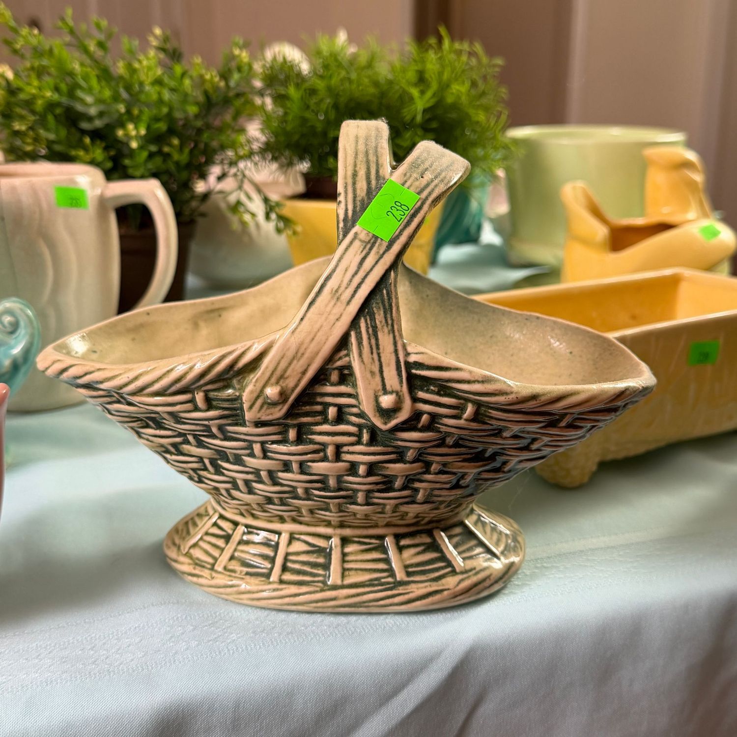 Lot #238, McCoy pottery green basket planter, 6"H