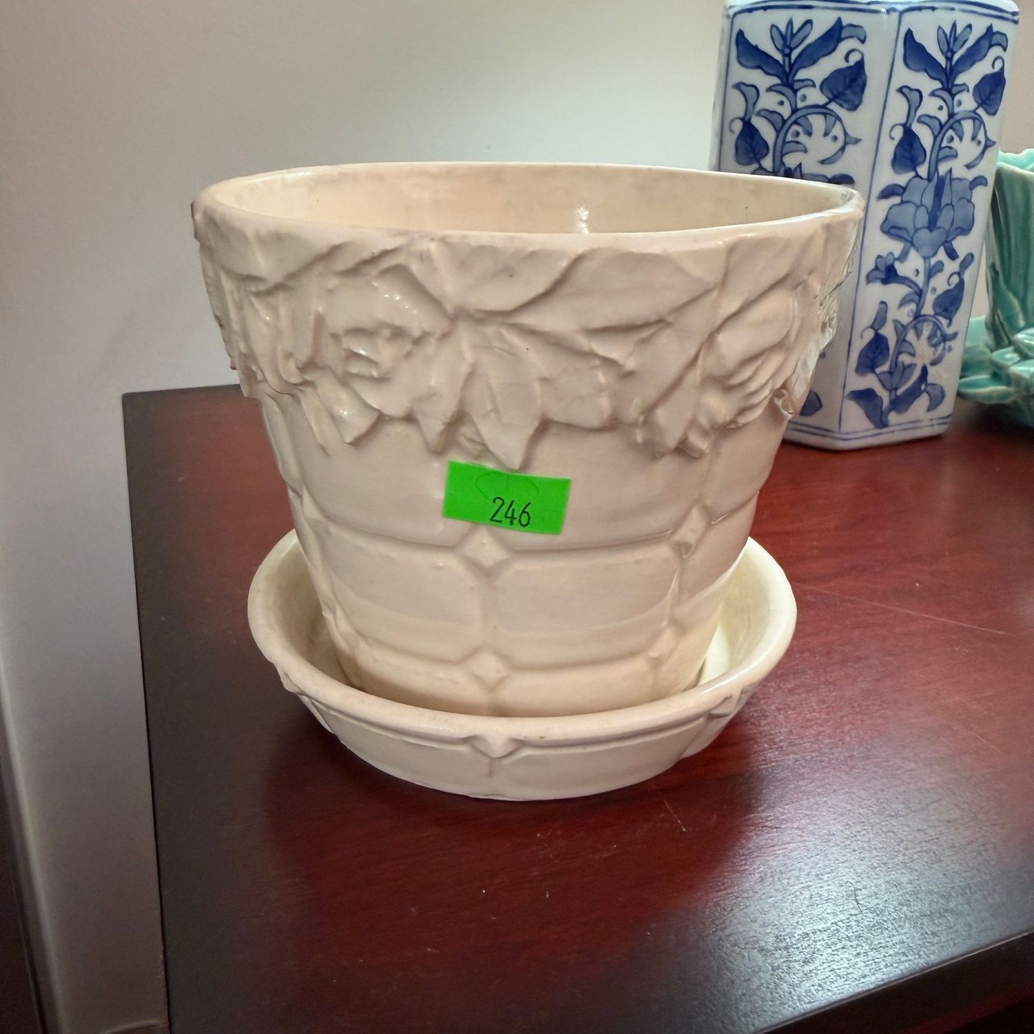 Lot #246, ivory McCoy pottery quilted rose planter,  4.5"