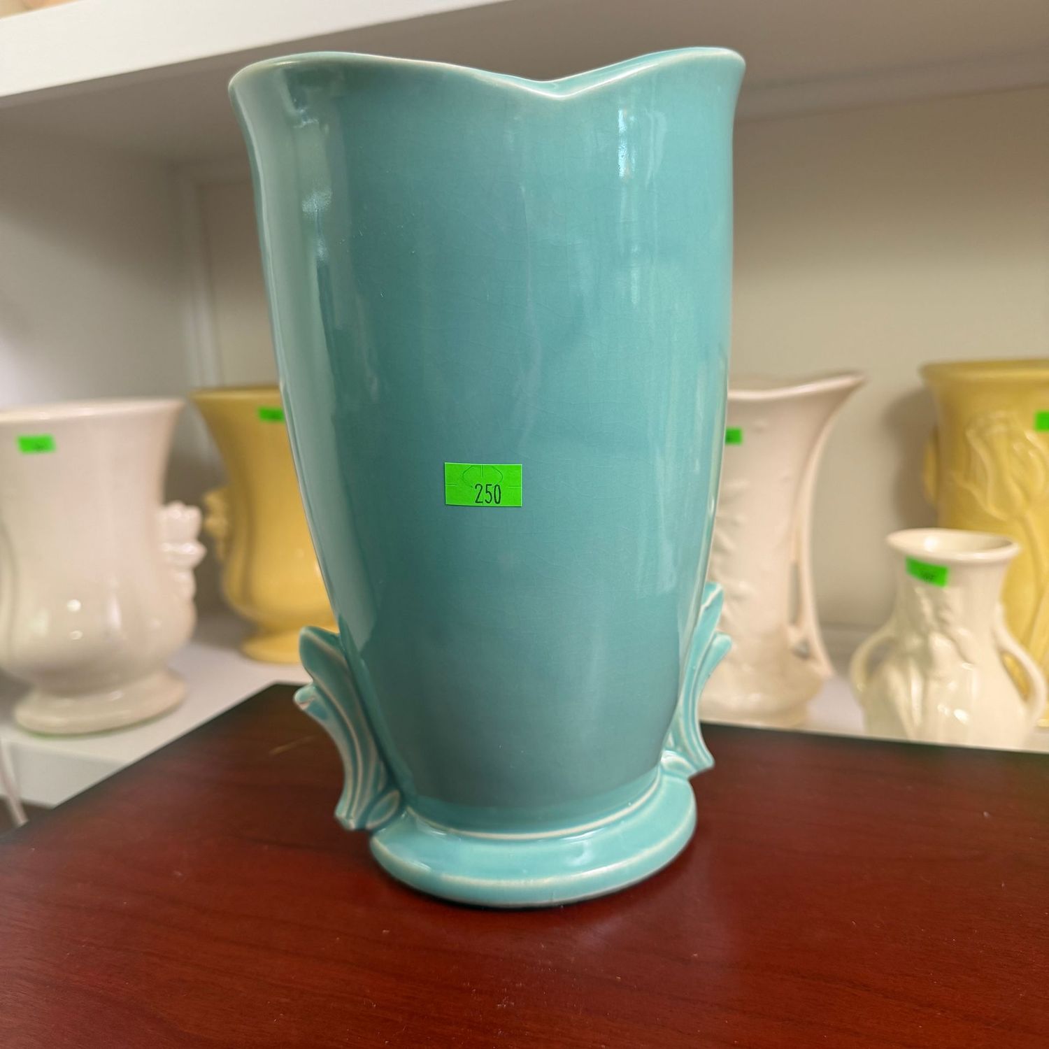Lot #250, teal blue McCoy pottery deco vase, 8"
