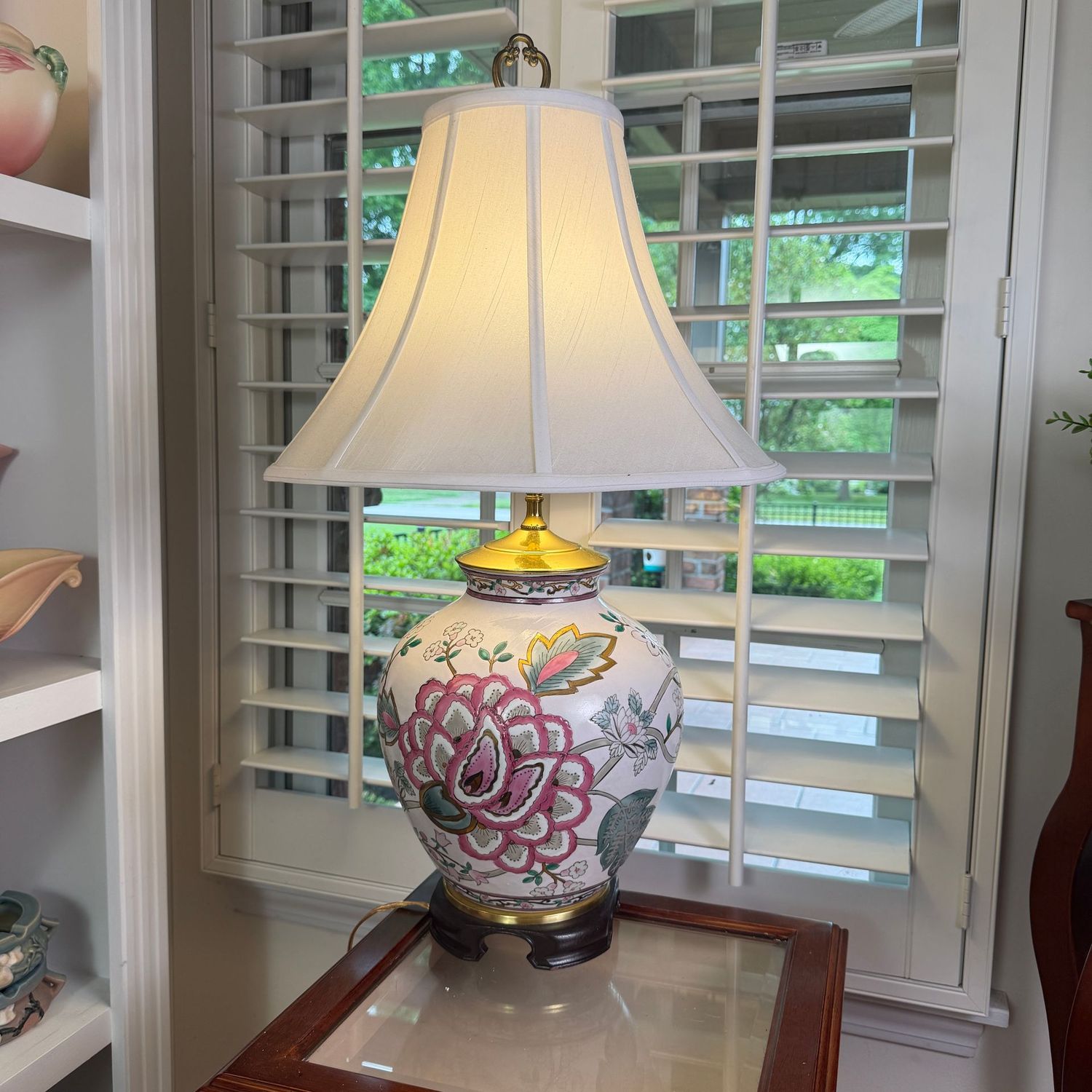 Lotus and cherry blossom ginger jar lamp, brass accents, lined shade, 26 Lotus and cherry blossom ginger jar lamp, brass accents, lined shade, 26"H x 19"W