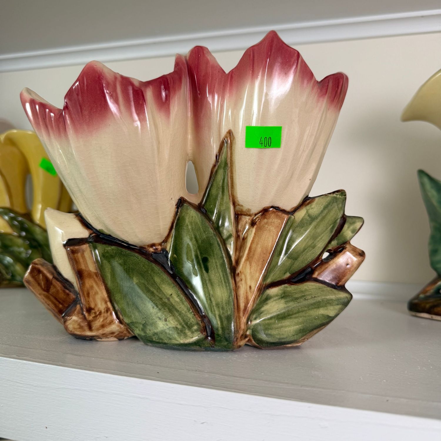 Lot #400, McCoy pottery double-tulip vase with red tips, 6.5"W