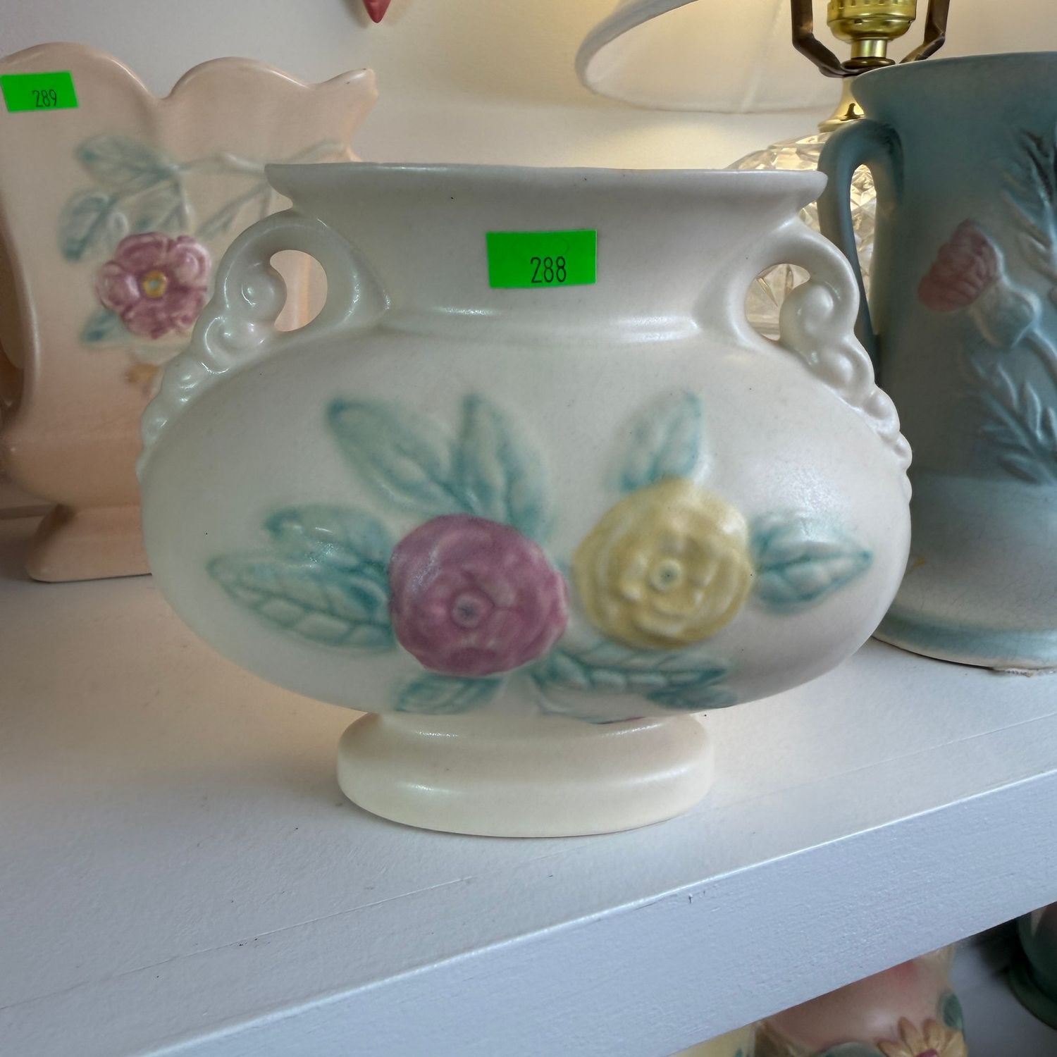 Lot #288, Hull pottery Camelia, open rose, ovoid vase, 6 1/2"