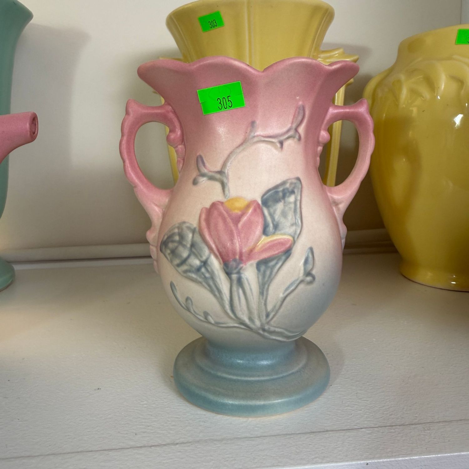 Lot #305, Hull pottery magnolia double-handled vase, 6 1/4"