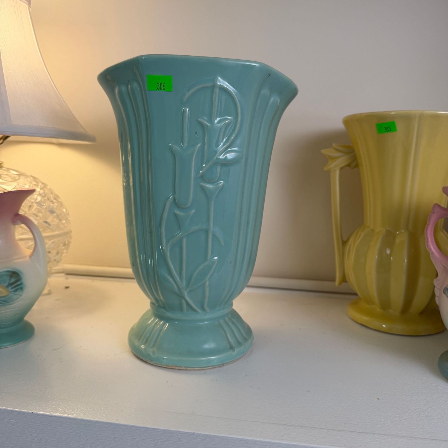 Lot #306, blue pottery vase, deco tulip, 8.5"