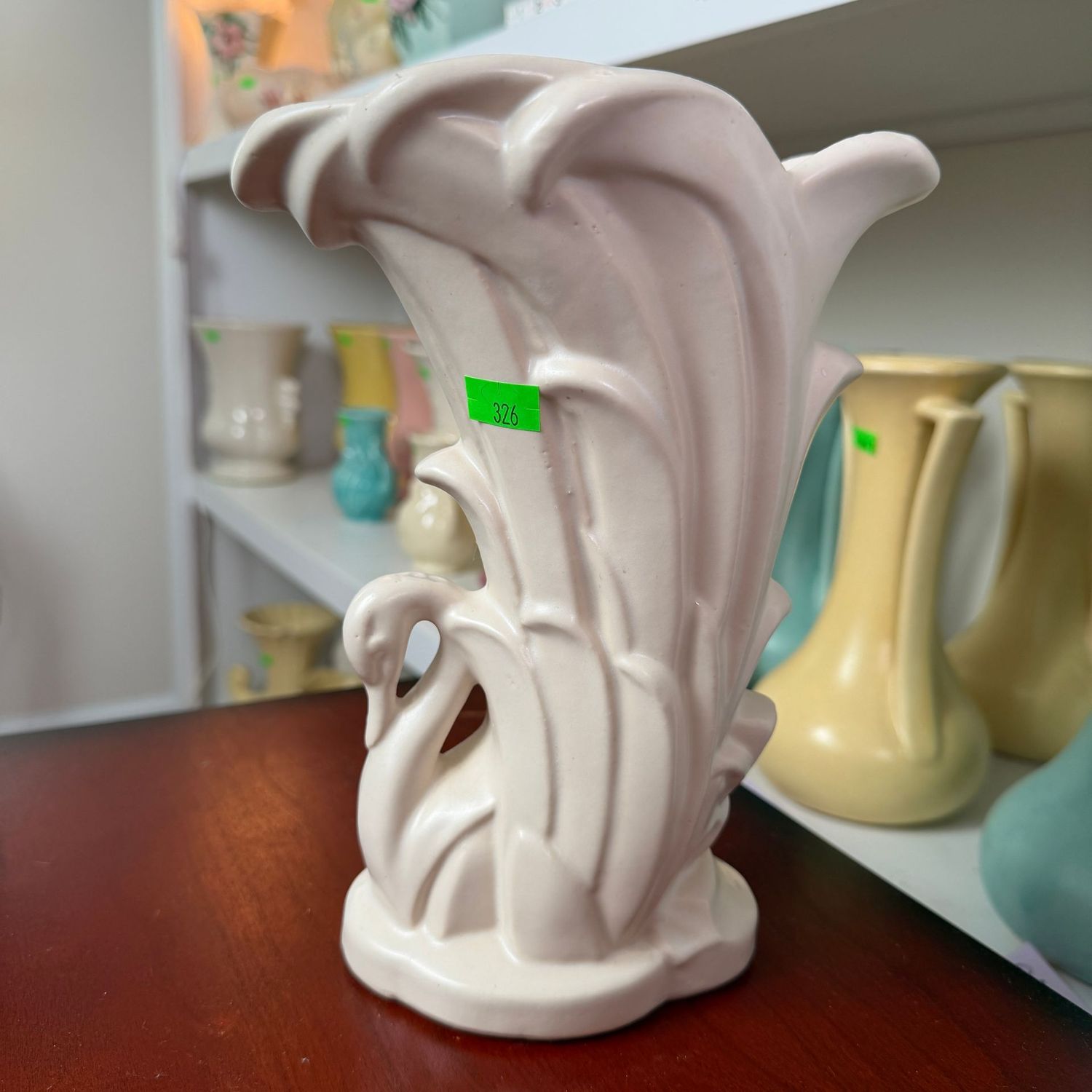 Lot #326, McCoy pottery white swan vase, 9"