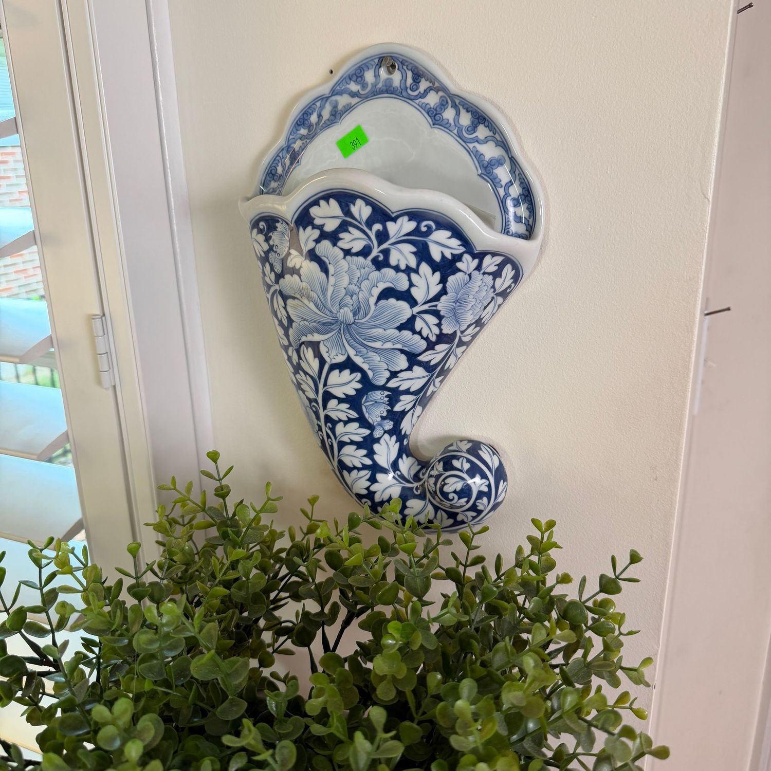 Lot #391, Maitland Smith blue and white large wall pocket, 11"