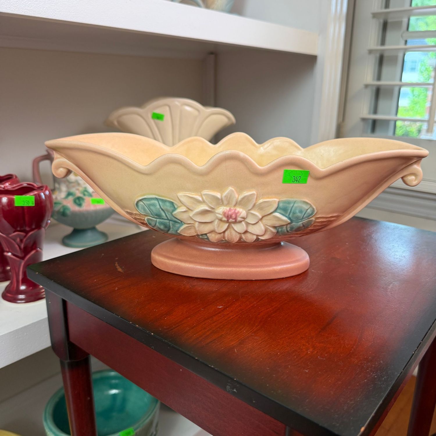 Lot #342, Hull pottery magnolia centerpiece, minor hairlines (just from the firing process) 13 1/2"