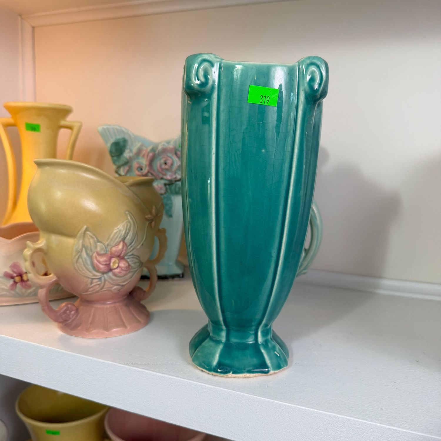 Lot #319, vintage McCoy pottery teal deco vase, 8"