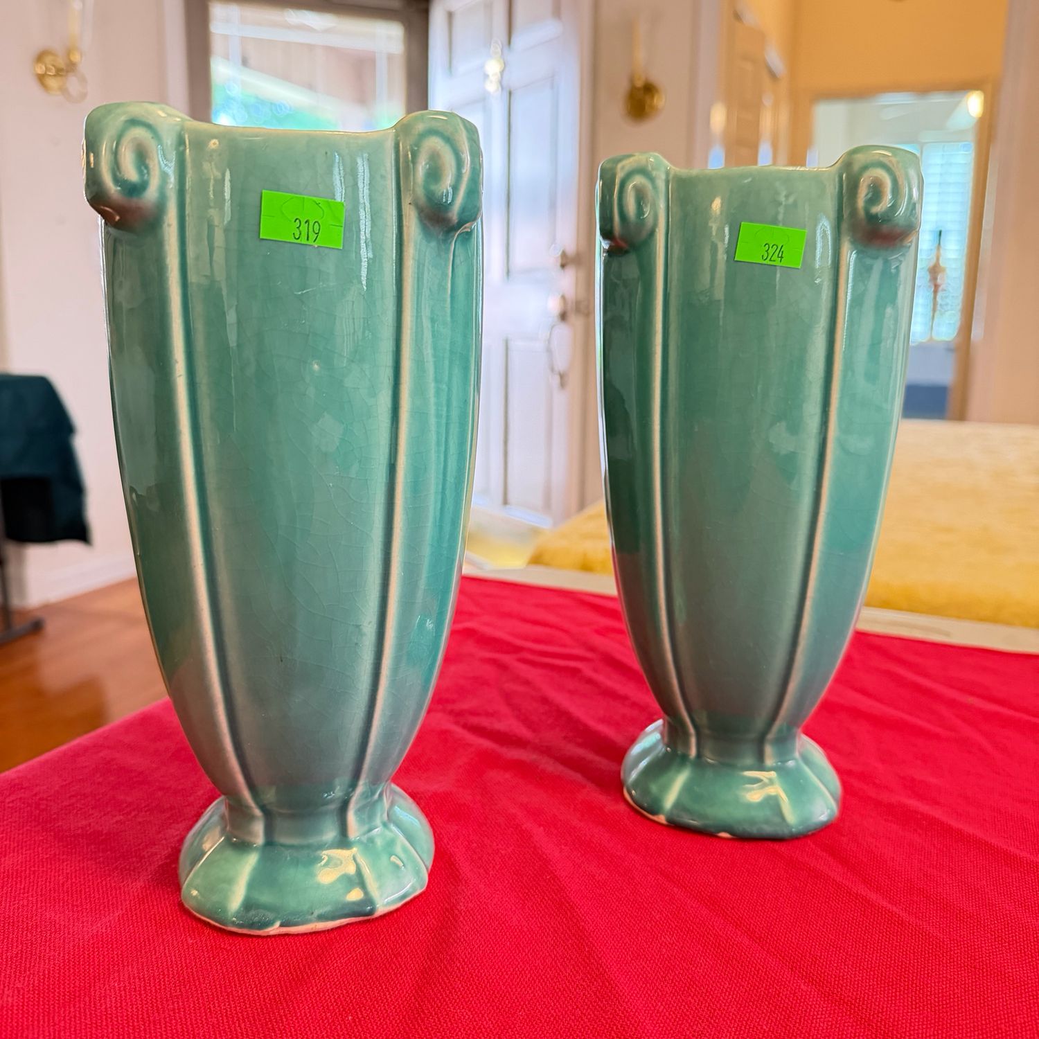 Lot #319 & 324, Pair Of vintage McCoy pottery teal deco vase, 9”