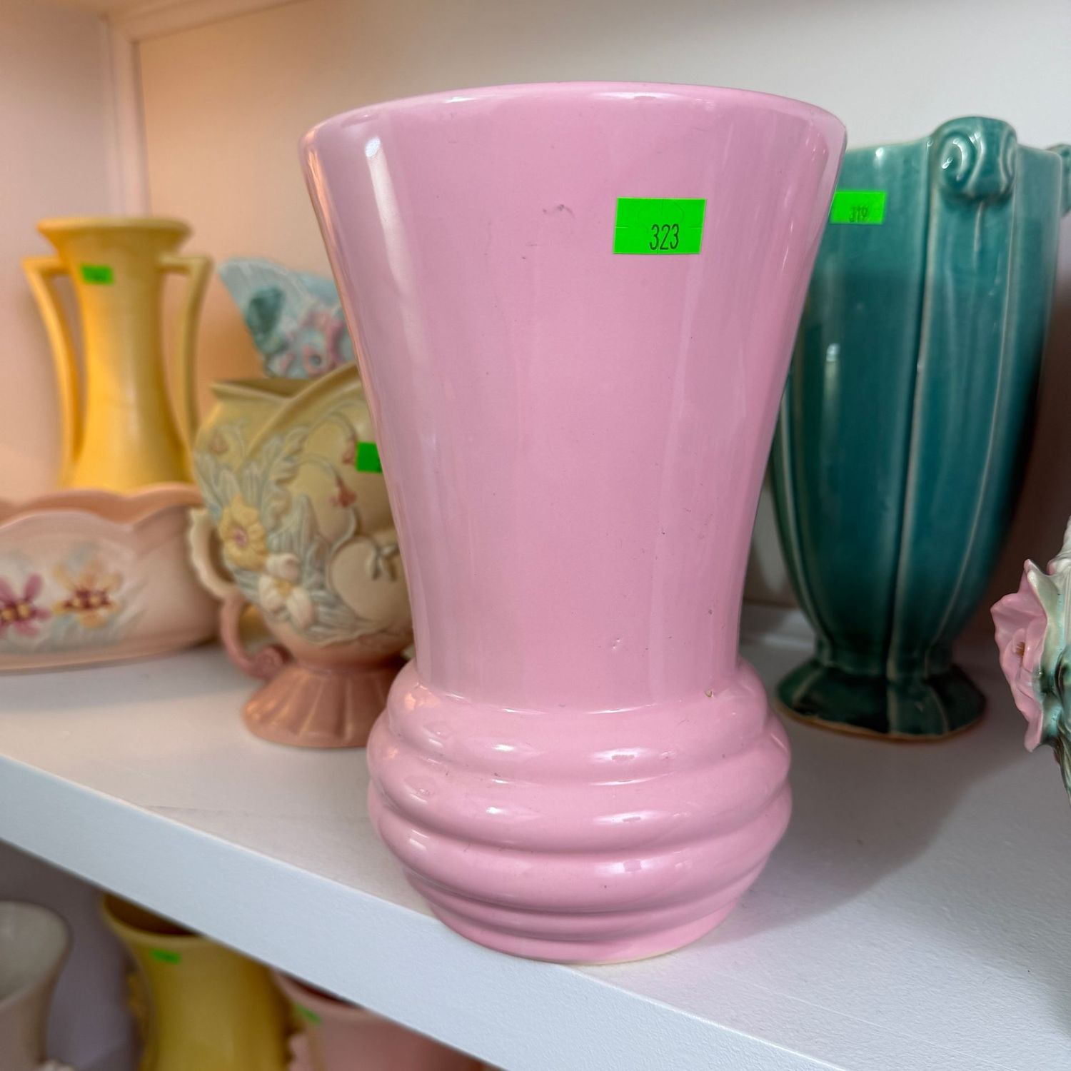 Lot #323, pink McCoy pottery ringed vase, 7.5 Lot #323, pink McCoy pottery ringed vase, 7.5"