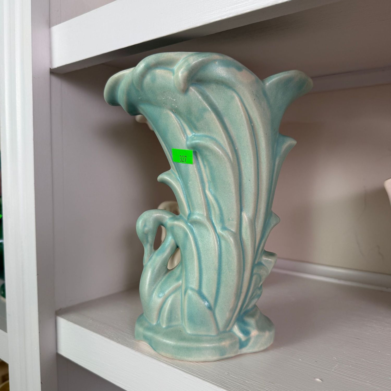 Lot #327, McCoy pottery teal swan vase, minor chip on bottom, 9"