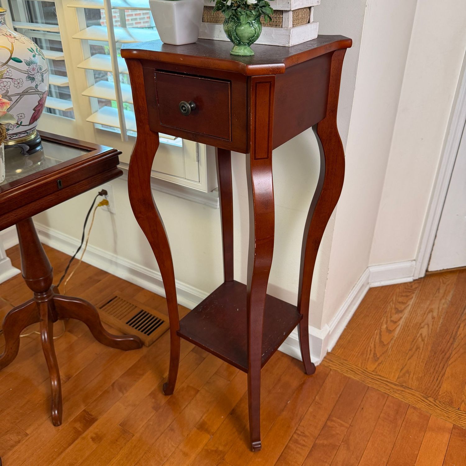 Tall Bombay stand with drawer, some minor rubs, 35"H x 13"W