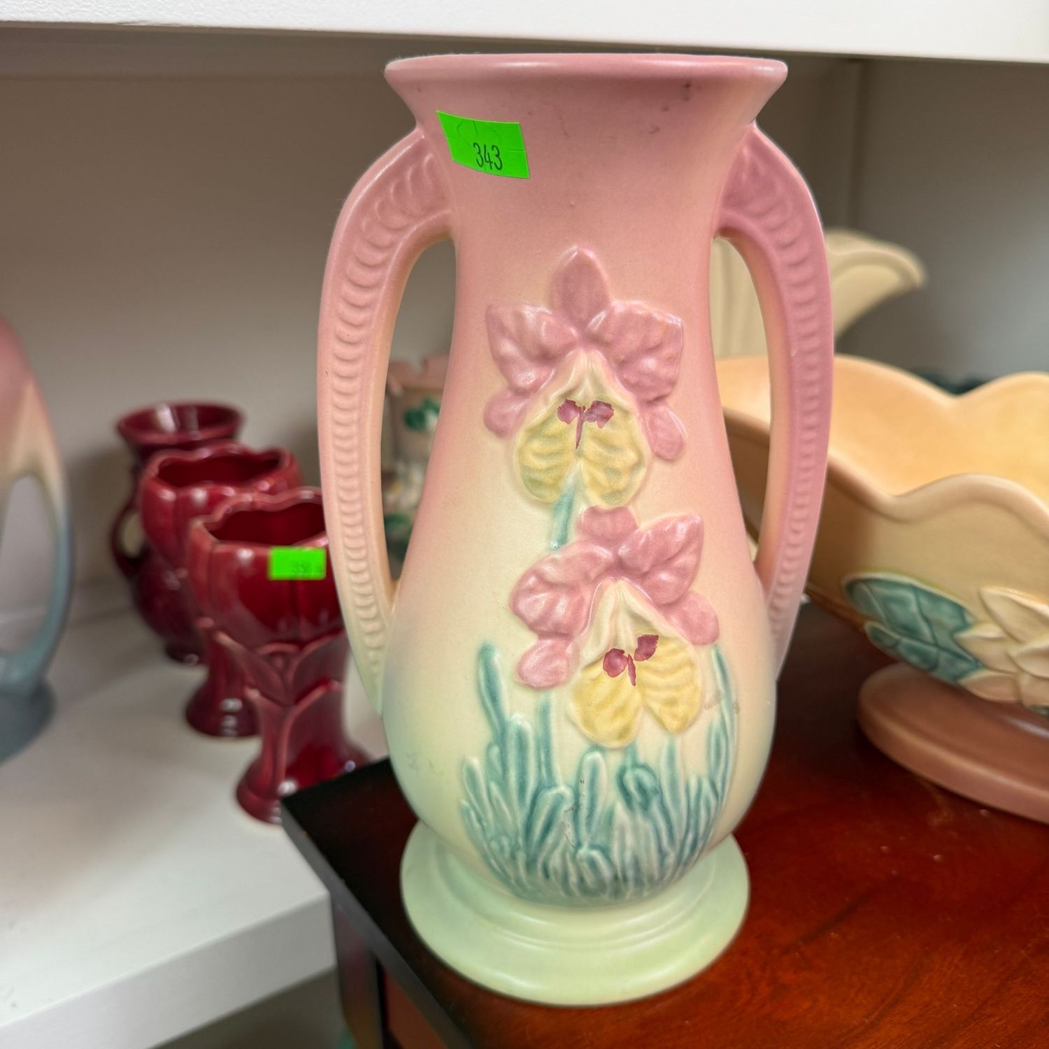 Lot #343, Hull pottery orchid vase, double-handle, 8"