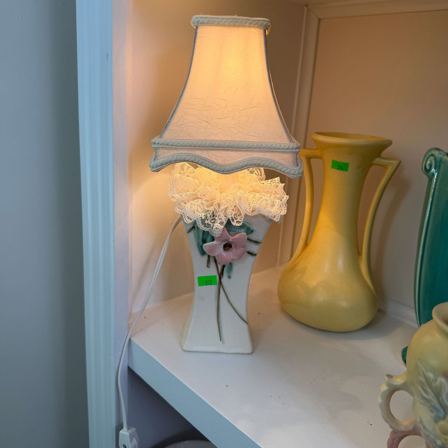 Lot #313, McCoy pottery Blossomtime vase lamp, 13"H