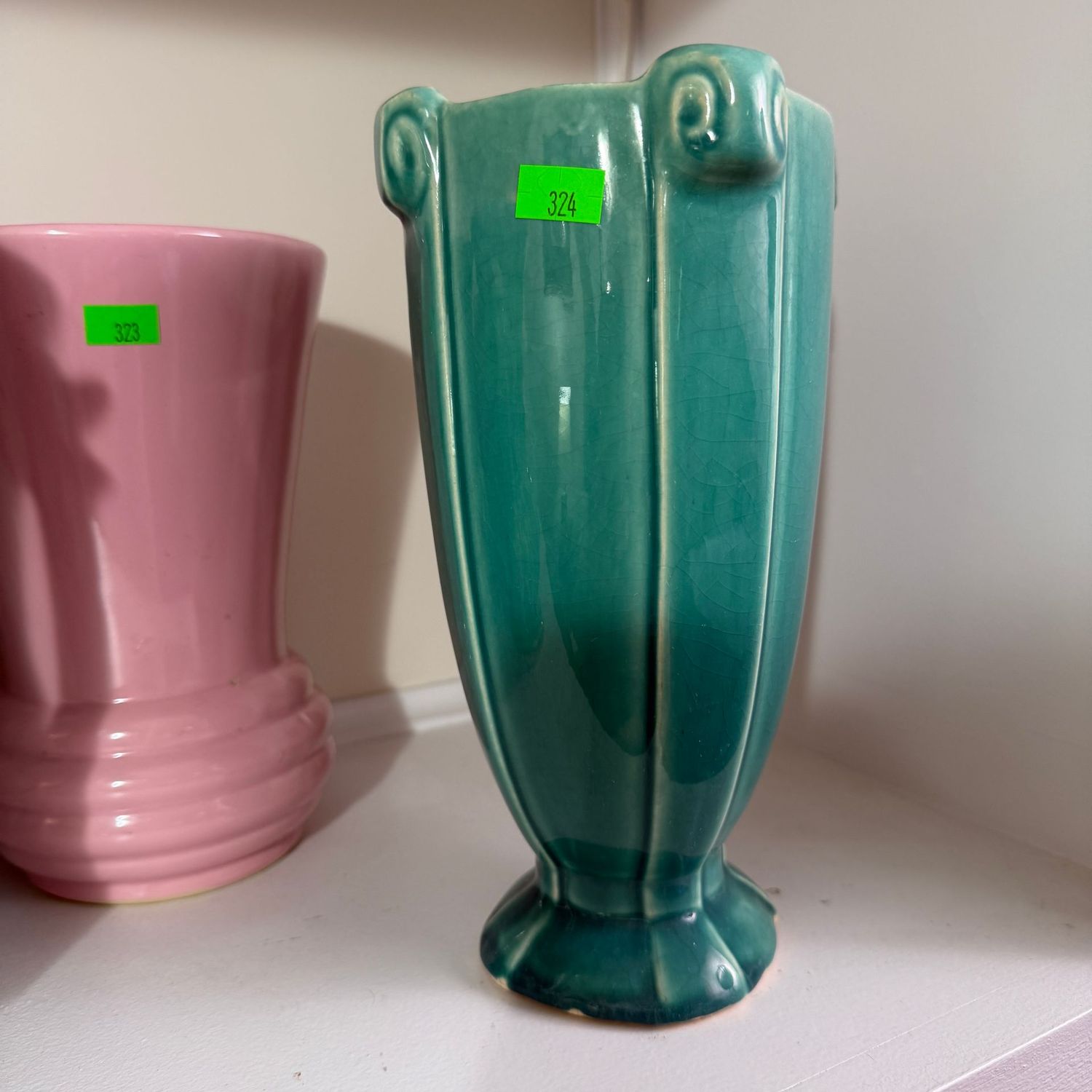 Lot #324, vintage McCoy pottery teal vase, deco, 8"