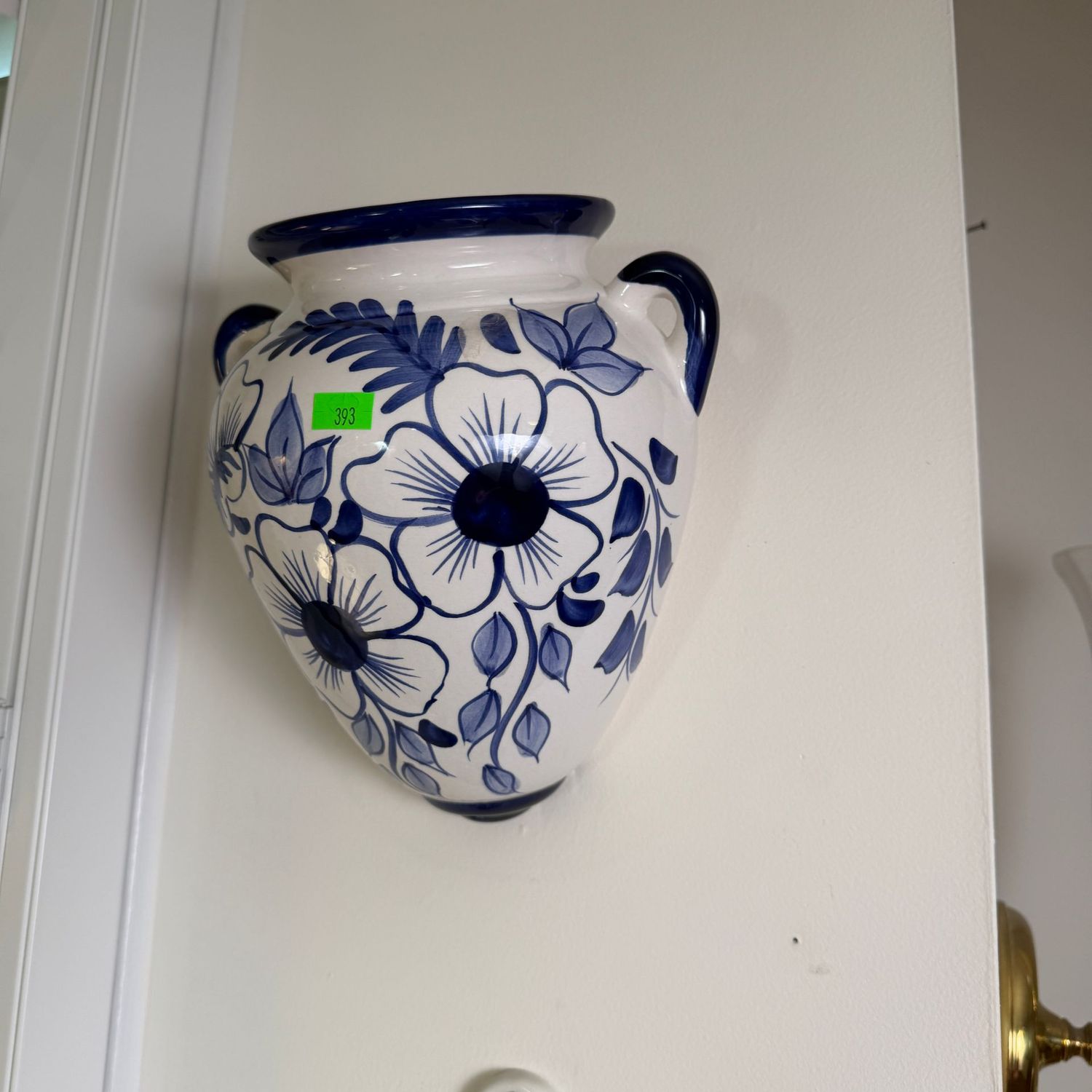 Lot #393, large blue and white pottery, ceramic wall pocket, tilts forward, 9"H