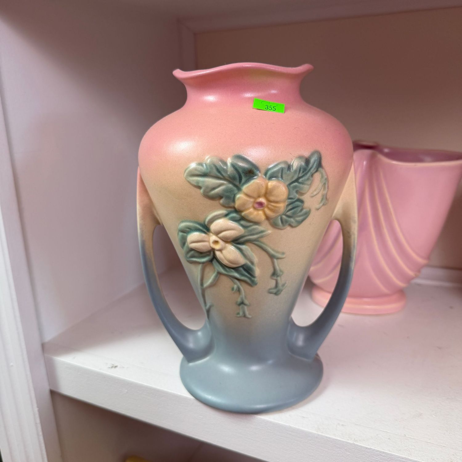 Lot #355, Hull pottery wildflower, double-handled vase, minor shrinkage crack on bottom, 9 1/2"