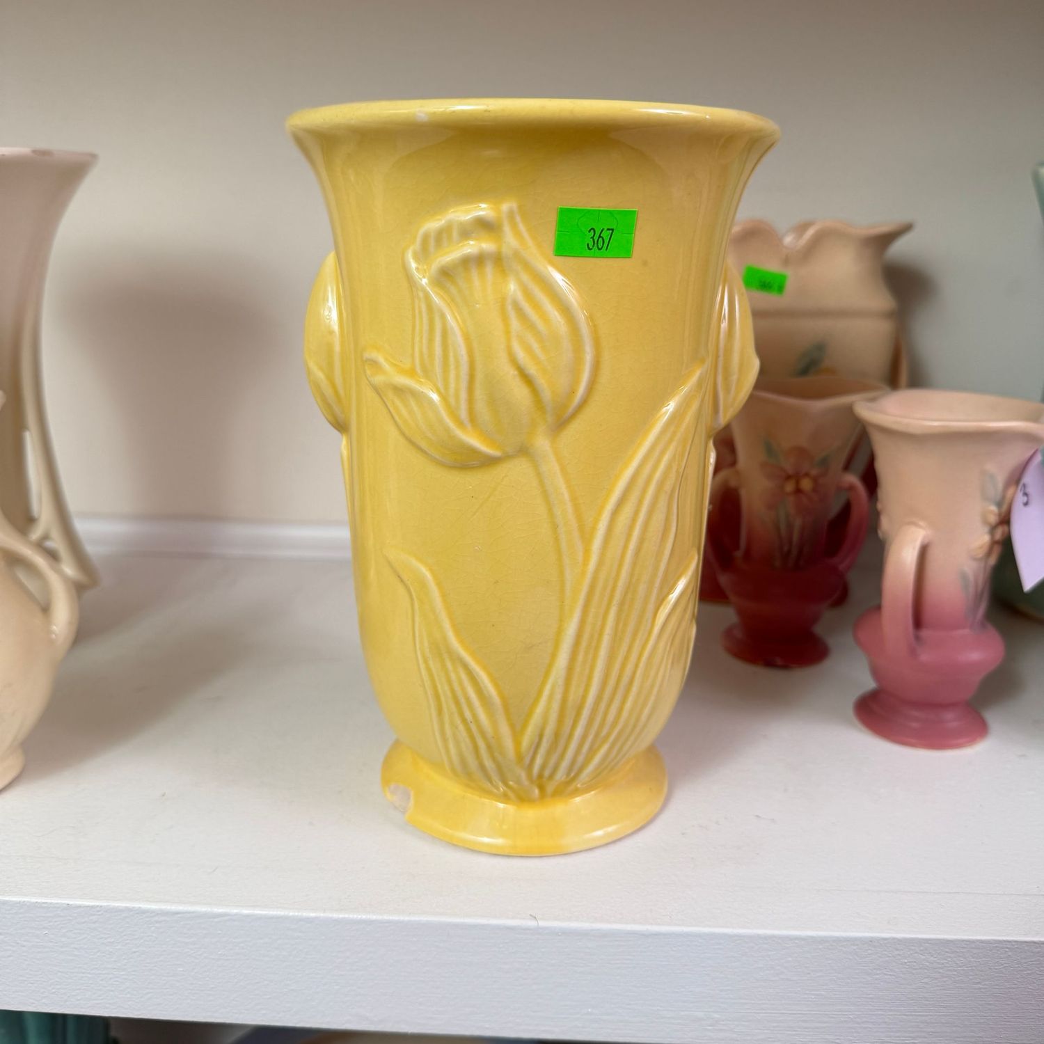 Lot #367, McCoy pottery yellow tulip vase, minor chip to base, 8"
