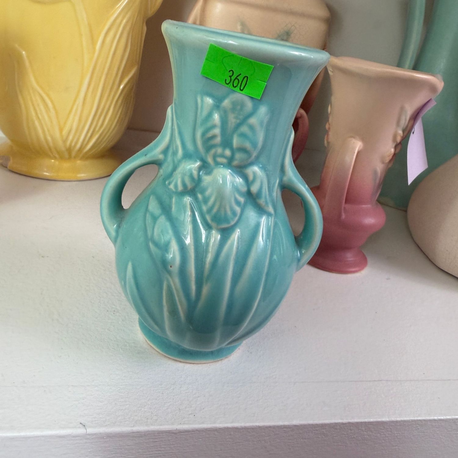 Lot #360(a) petite teal pottery iris vase, minor chip, 5 Lot #360(a) petite teal pottery iris vase, minor chip, 5"