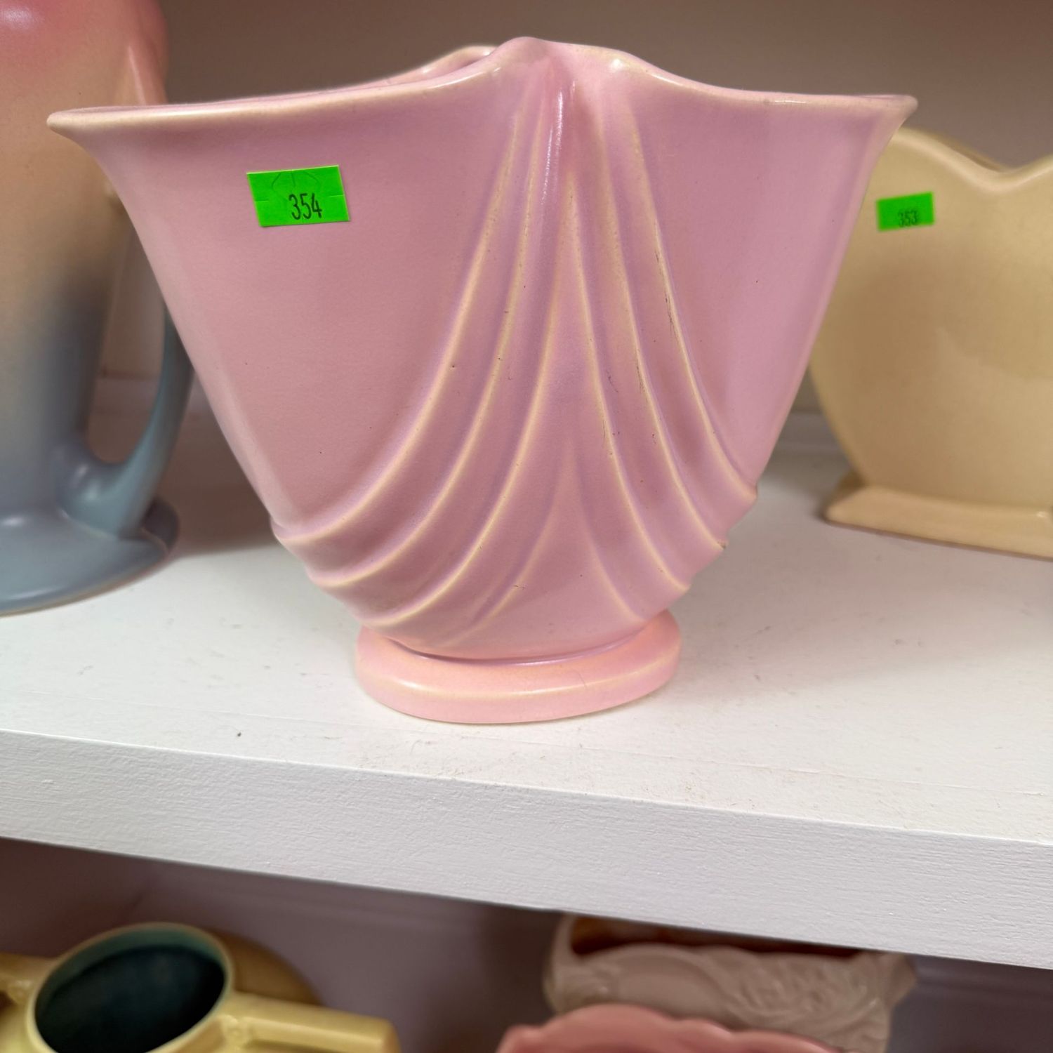 Lot #354, Weller pottery pink draped vase planter, 7 Lot #354, Weller pottery pink draped vase planter, 7"