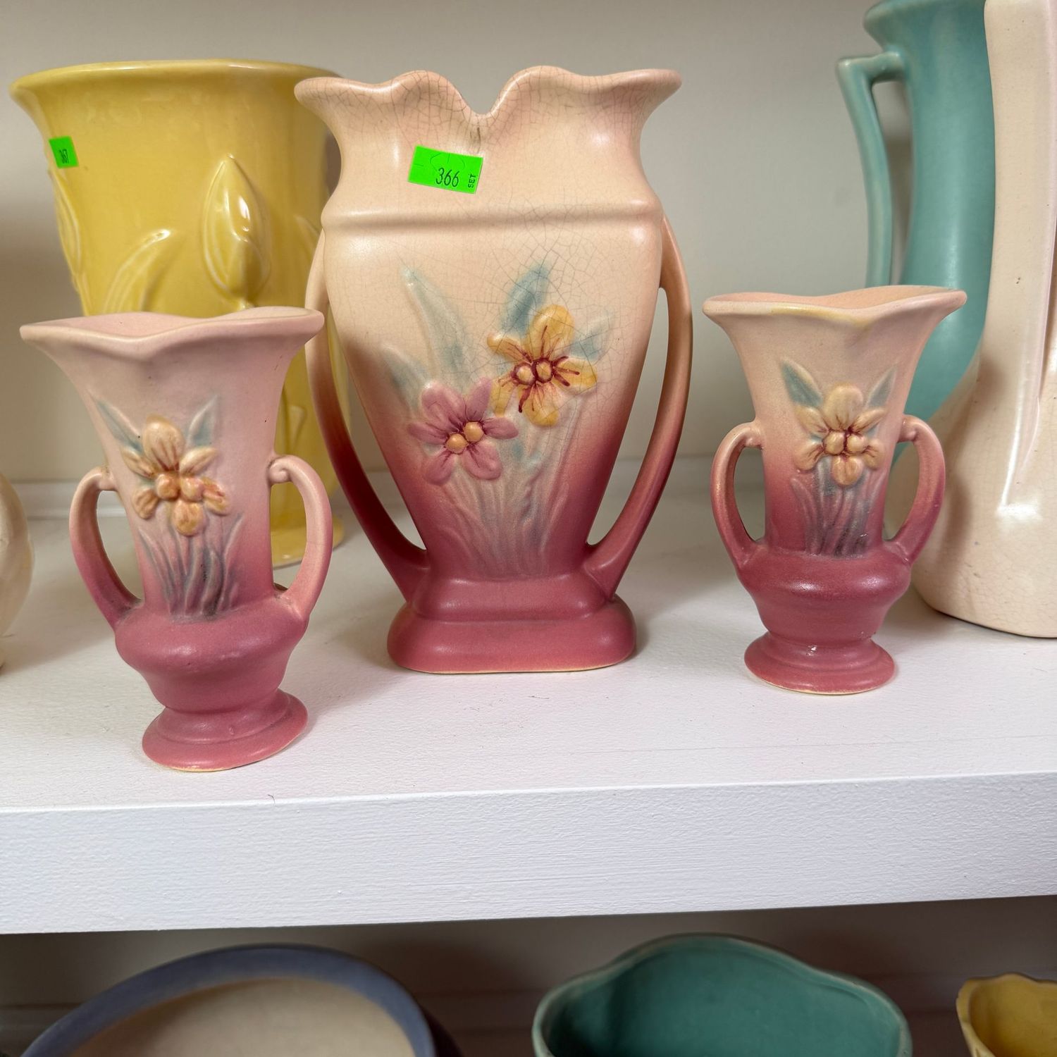Lot #366, set of 3 Hull pottery iris vases, the tallest is 7.5", minor chips (mostly to base - see photos)