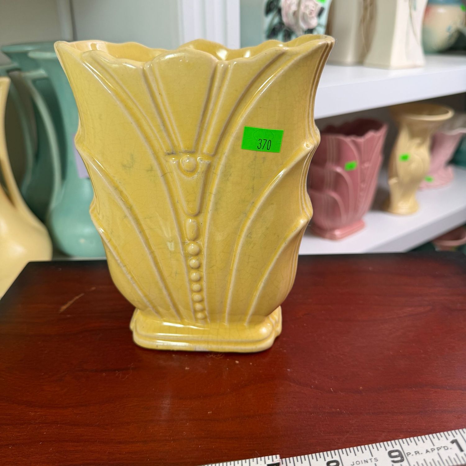 Lot #370, yellow pottery deco beaded fan vase, minor wear, 7"