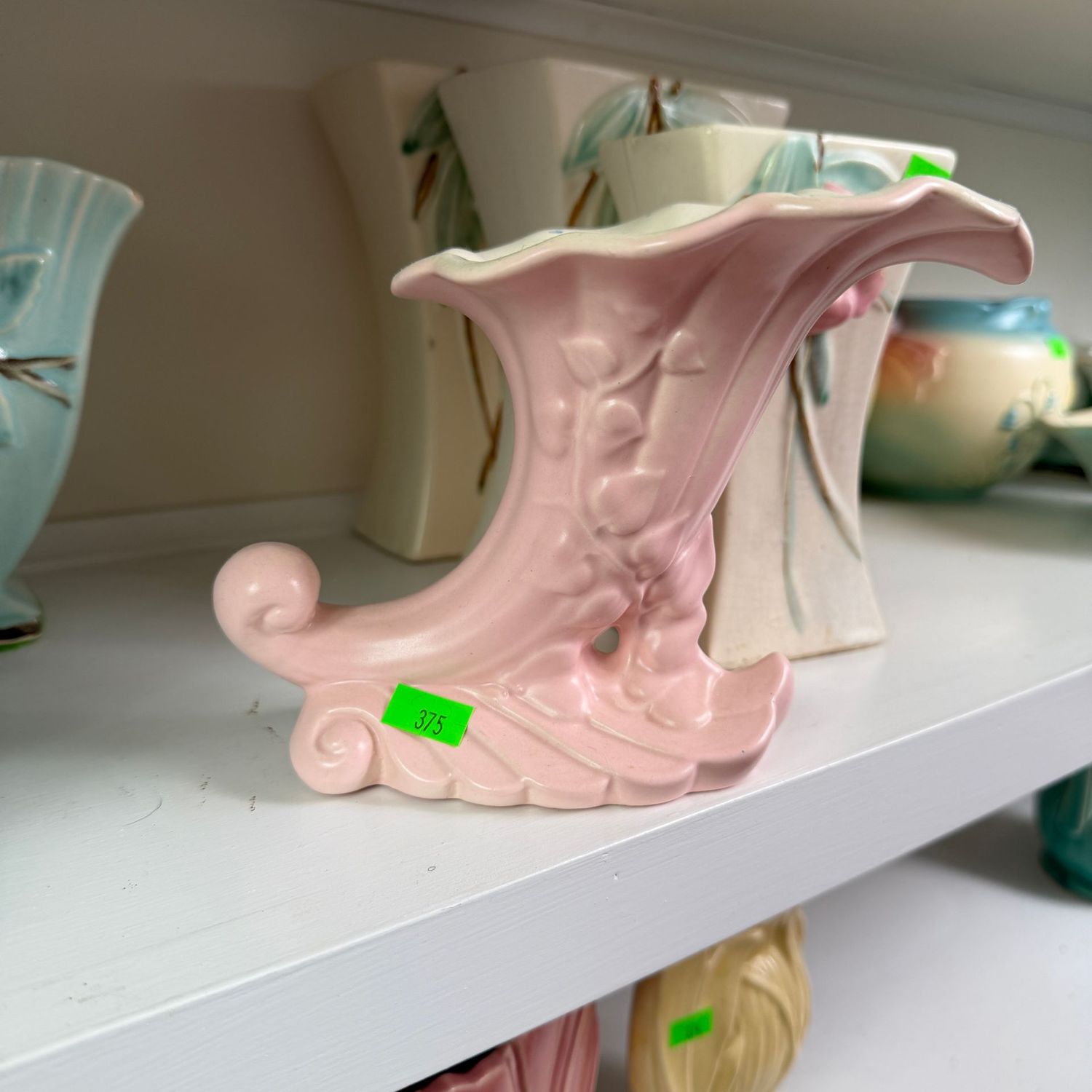 Lot #375, pink Red Wing pottery cornucopia vase, 6 Lot #375, pink Red Wing pottery cornucopia vase, 6"