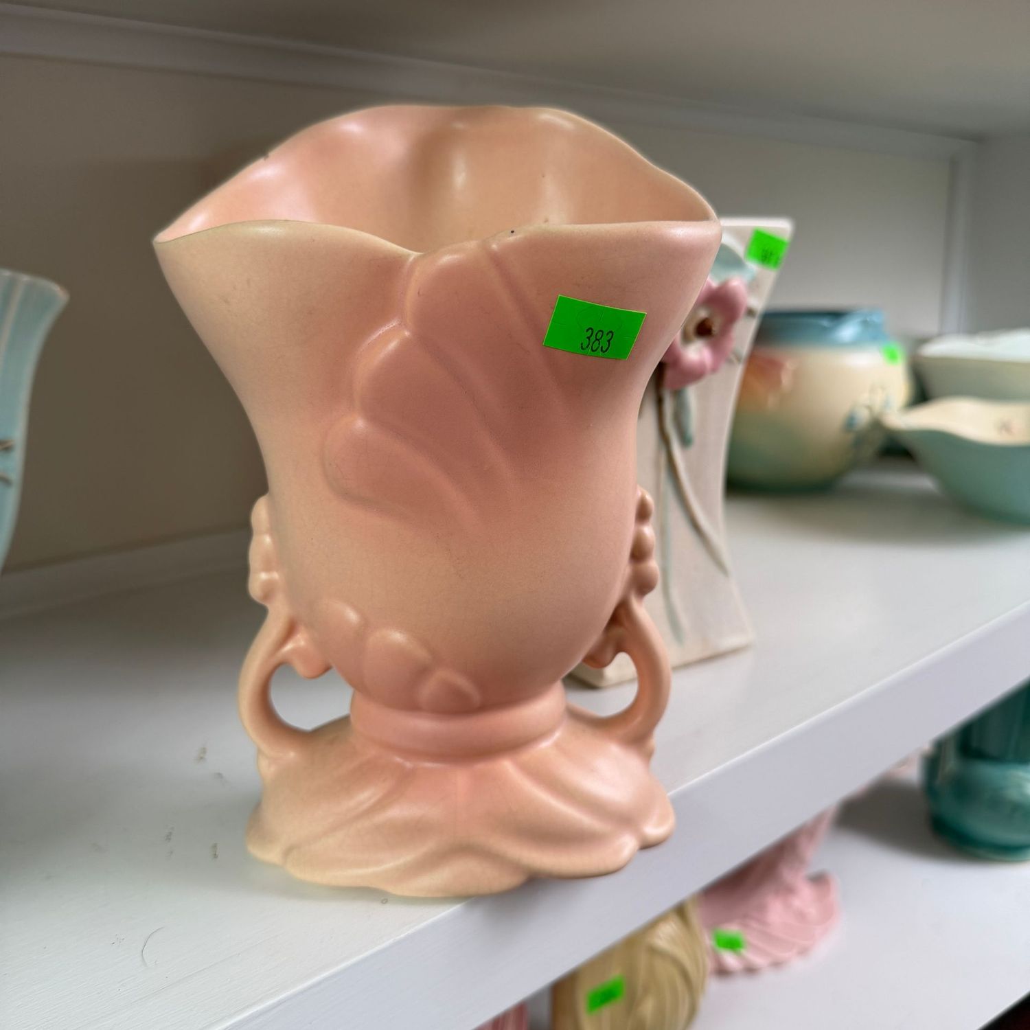 Lot #383, blush pink Weller pottery, lido vase, 7.75"