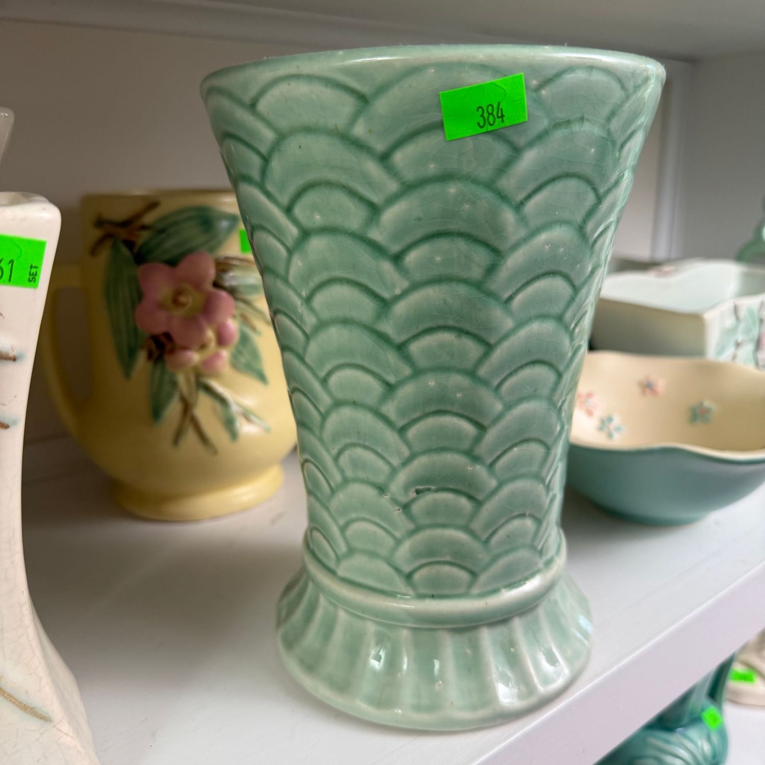 Lot #384, vintage teal pottery fish scale vase, 6.5"