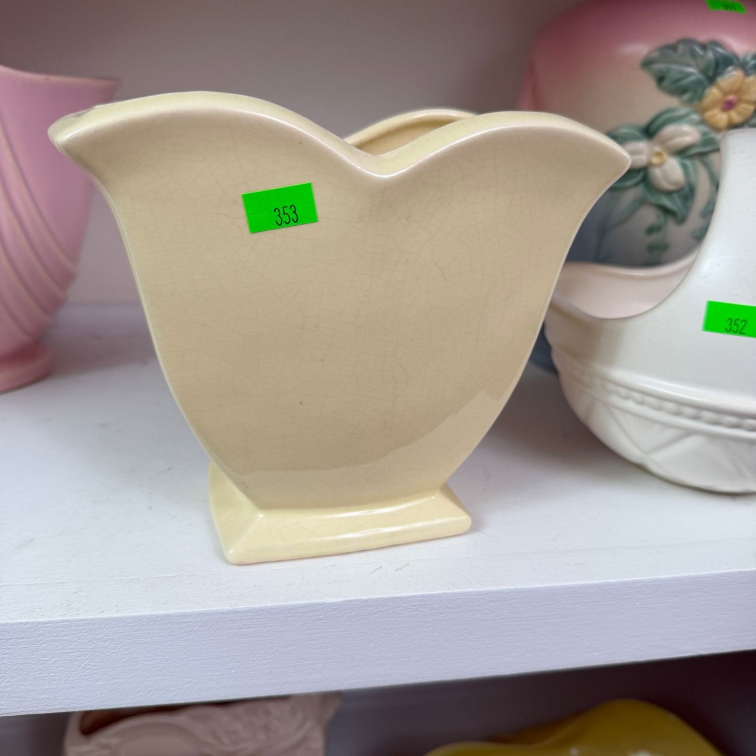 Lot #353, McCoy pottery light yellow tulip vase planter, 6.5"H