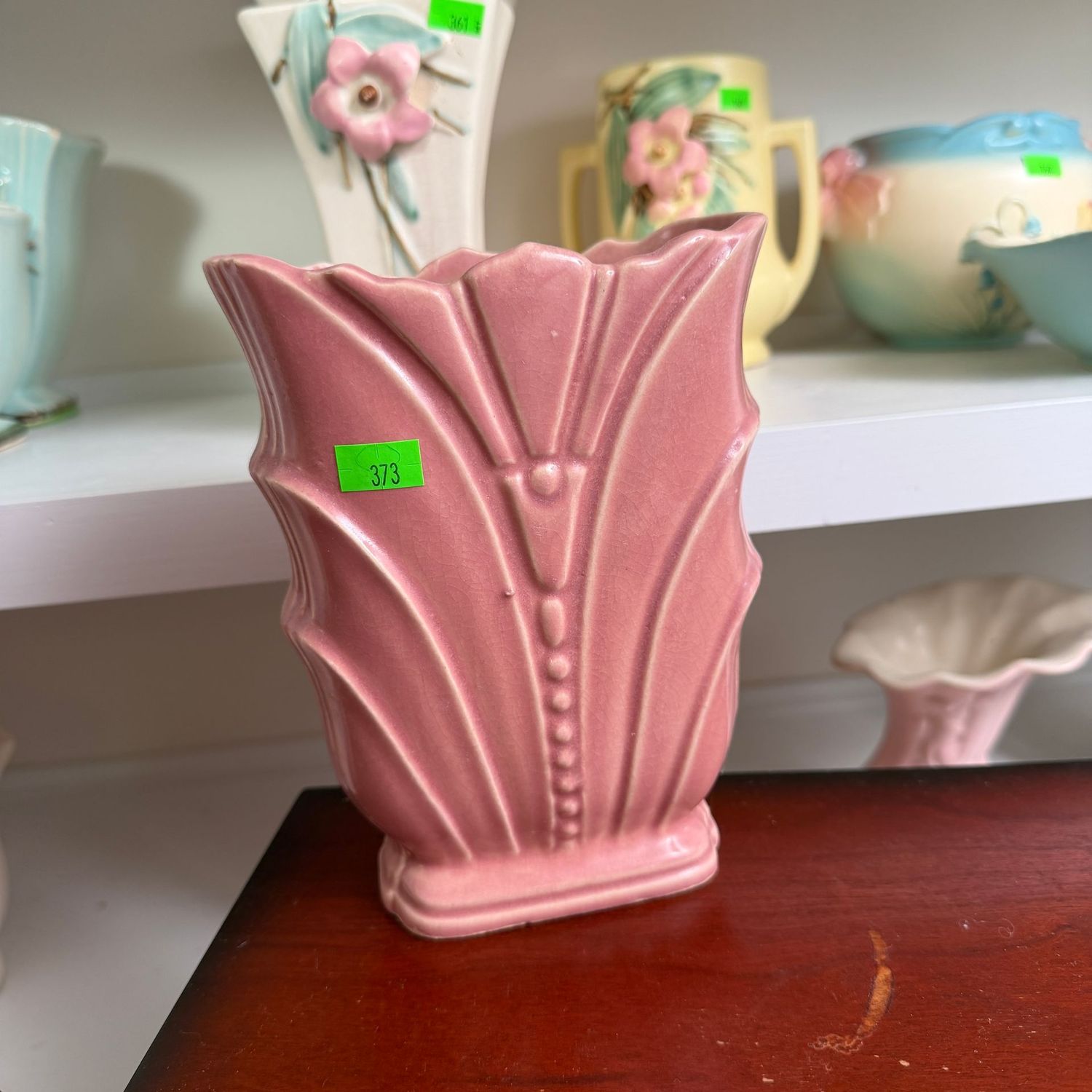 Lot #373, pink pottery deco beaded fan vase, minor wear, 7"