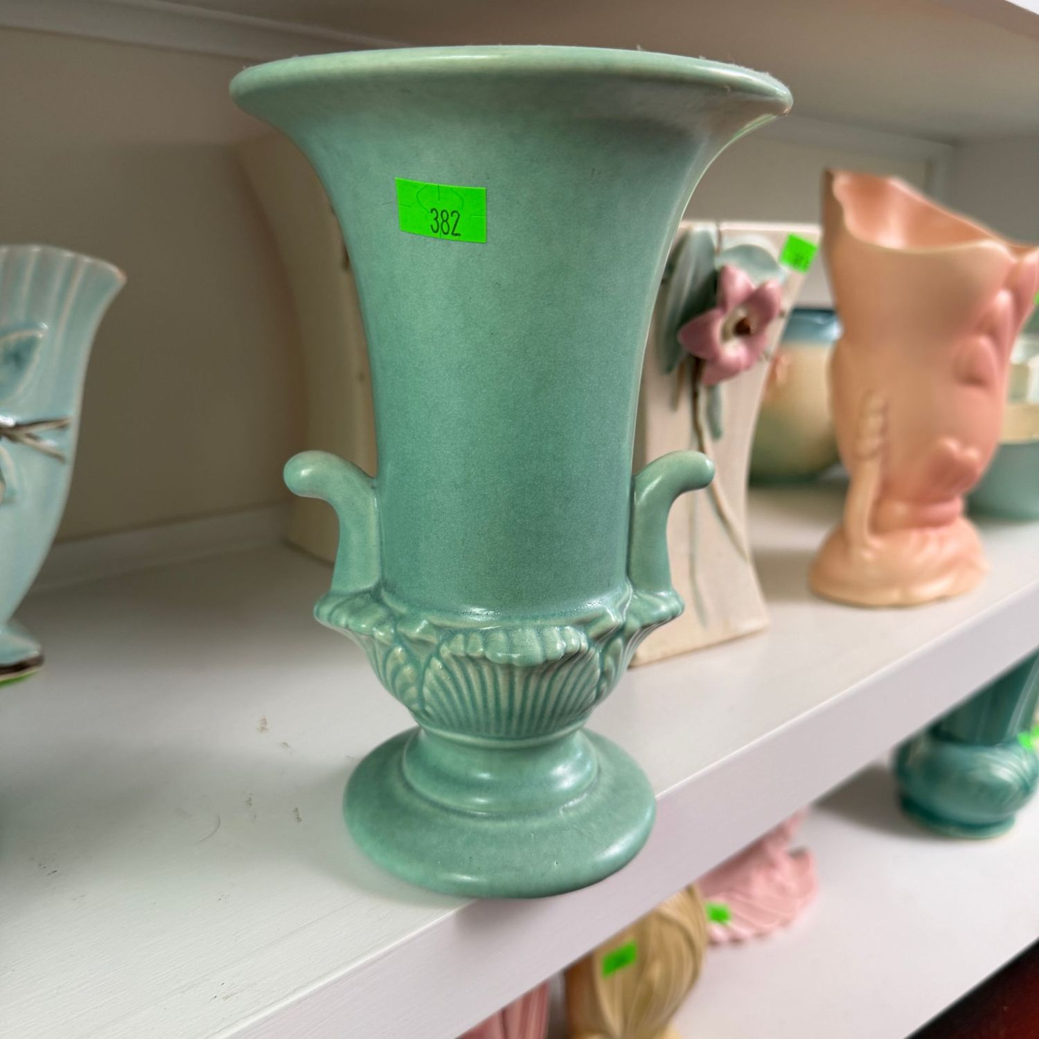 Lot #382, teal Rum Rill, Ohio pottery urn vase, 7.5"