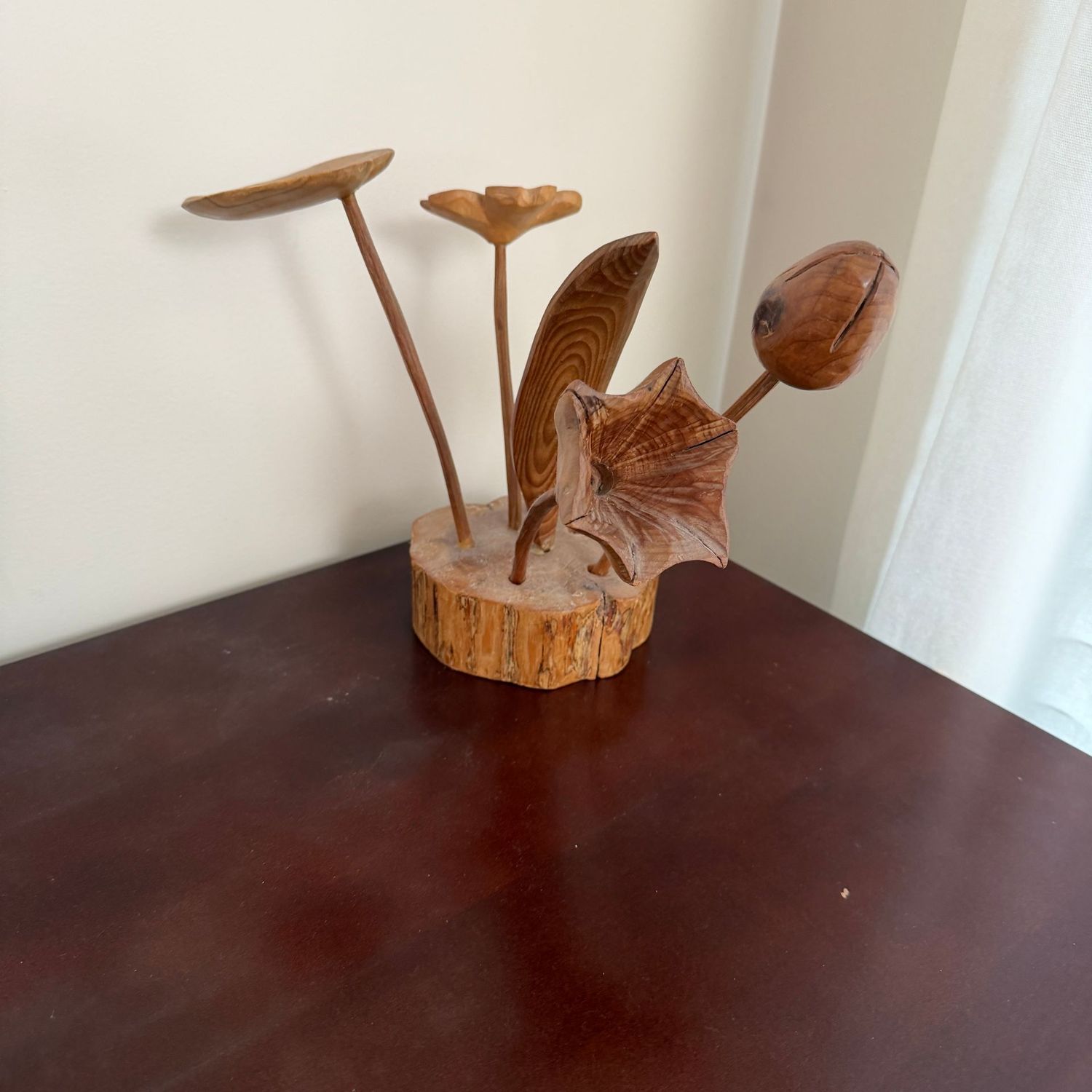 Hand-carved wooden flower arrangement, one stem is missing, 11 Hand-carved wooden flower arrangement, one stem is missing, 11"H