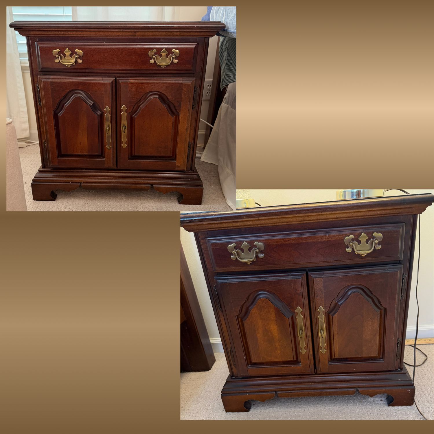 Pair of American Drew side tables, stands, with drawer and cupboard storage, minor scratches, 26"H x 25"W x 15"D