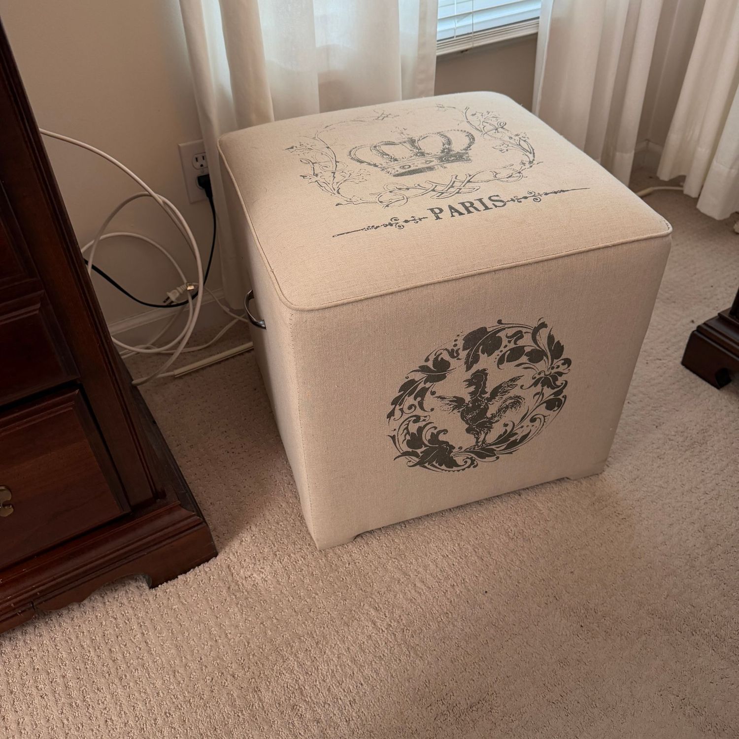 Fabric Paris square stool, lightweight, has a stain on lower back side, 18 Fabric Paris square stool, lightweight, has a stain on lower back side, 18" x 18"