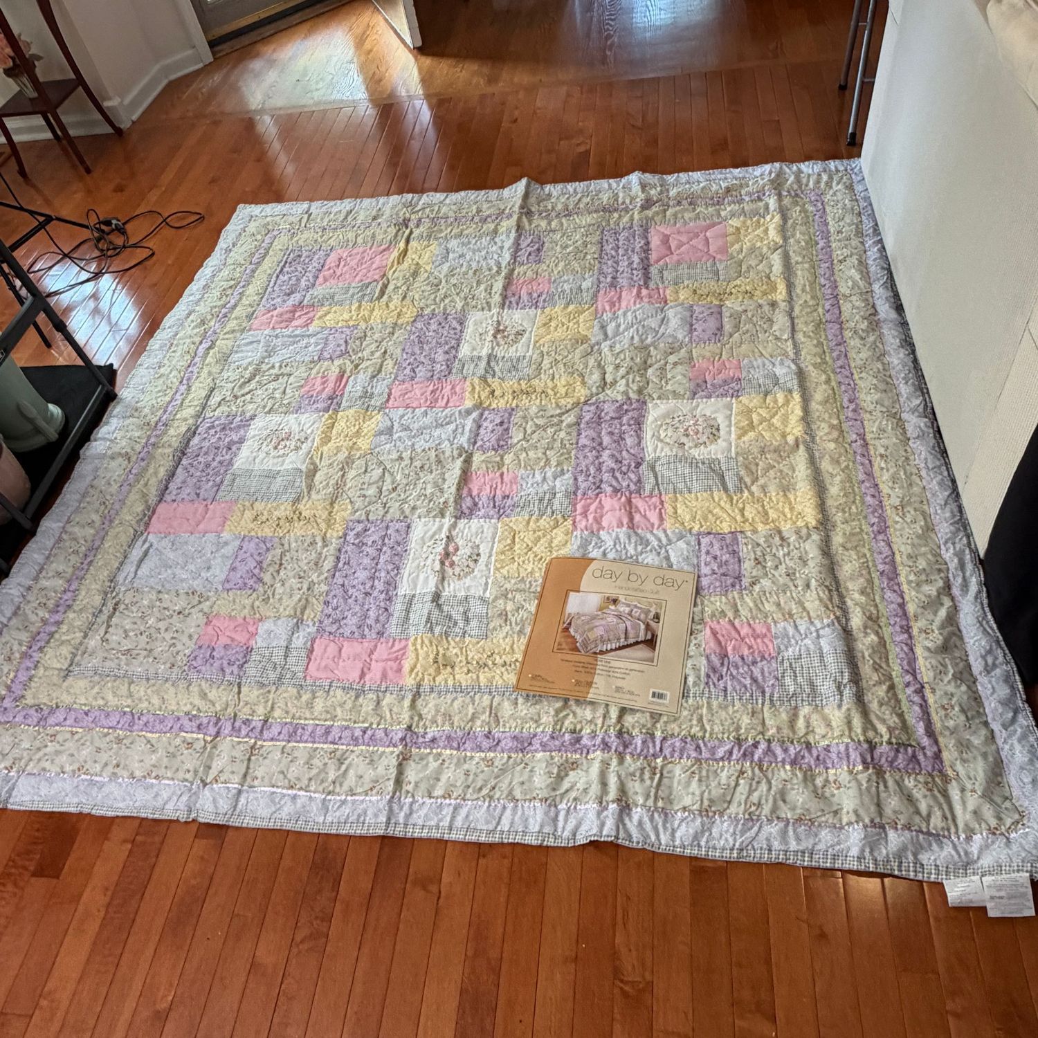 Rose Vine Day By Day quilt with embroidery and ribbon, full/queen 86" x 86"