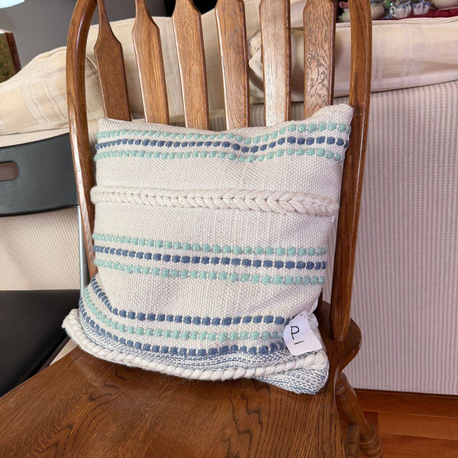 Pillow P - blue and cream woven & braided, 16 Pillow P - blue and cream woven & braided, 16"