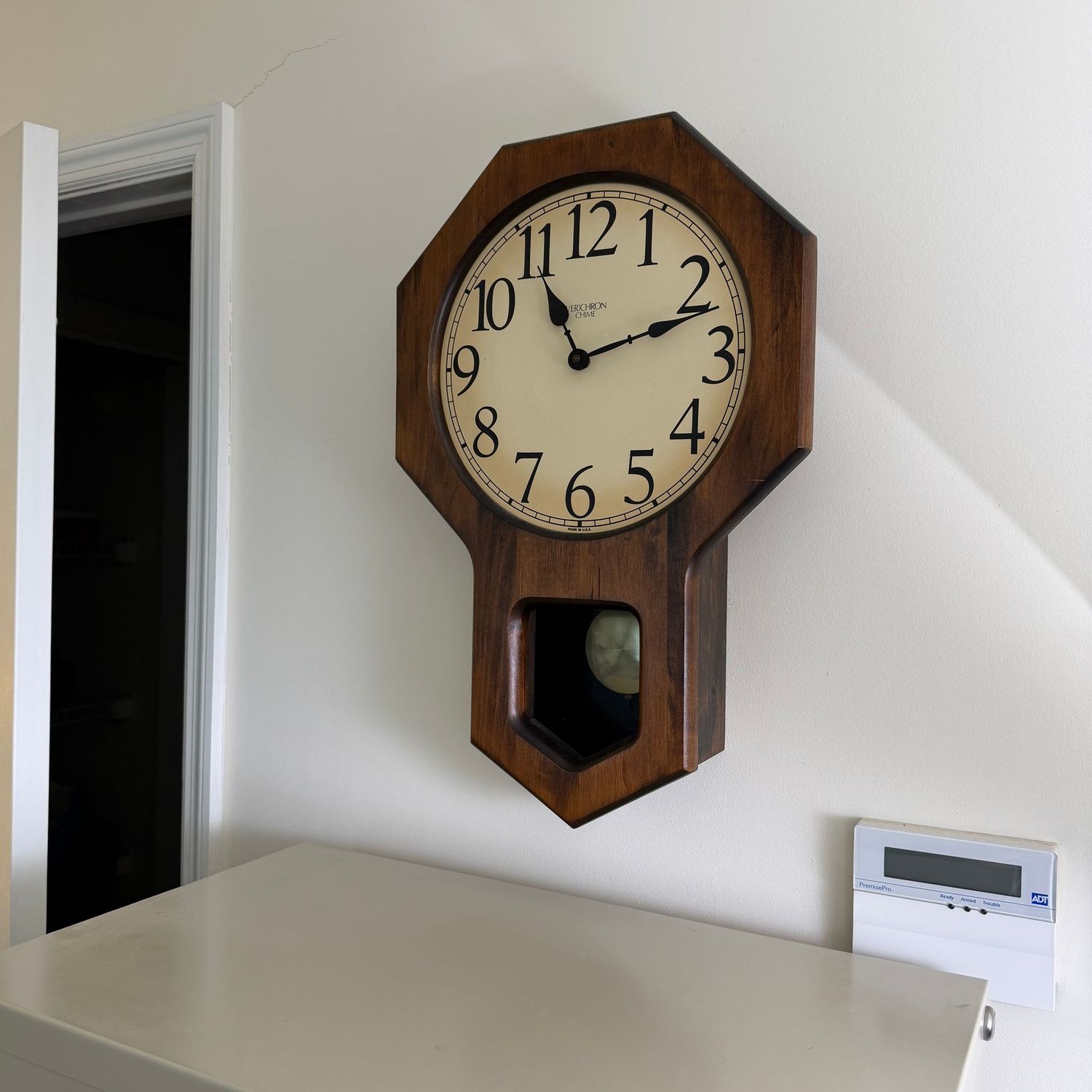 Vintage solid wood Verichrone clock, no glass, battery-operated, 23"H x 15"W