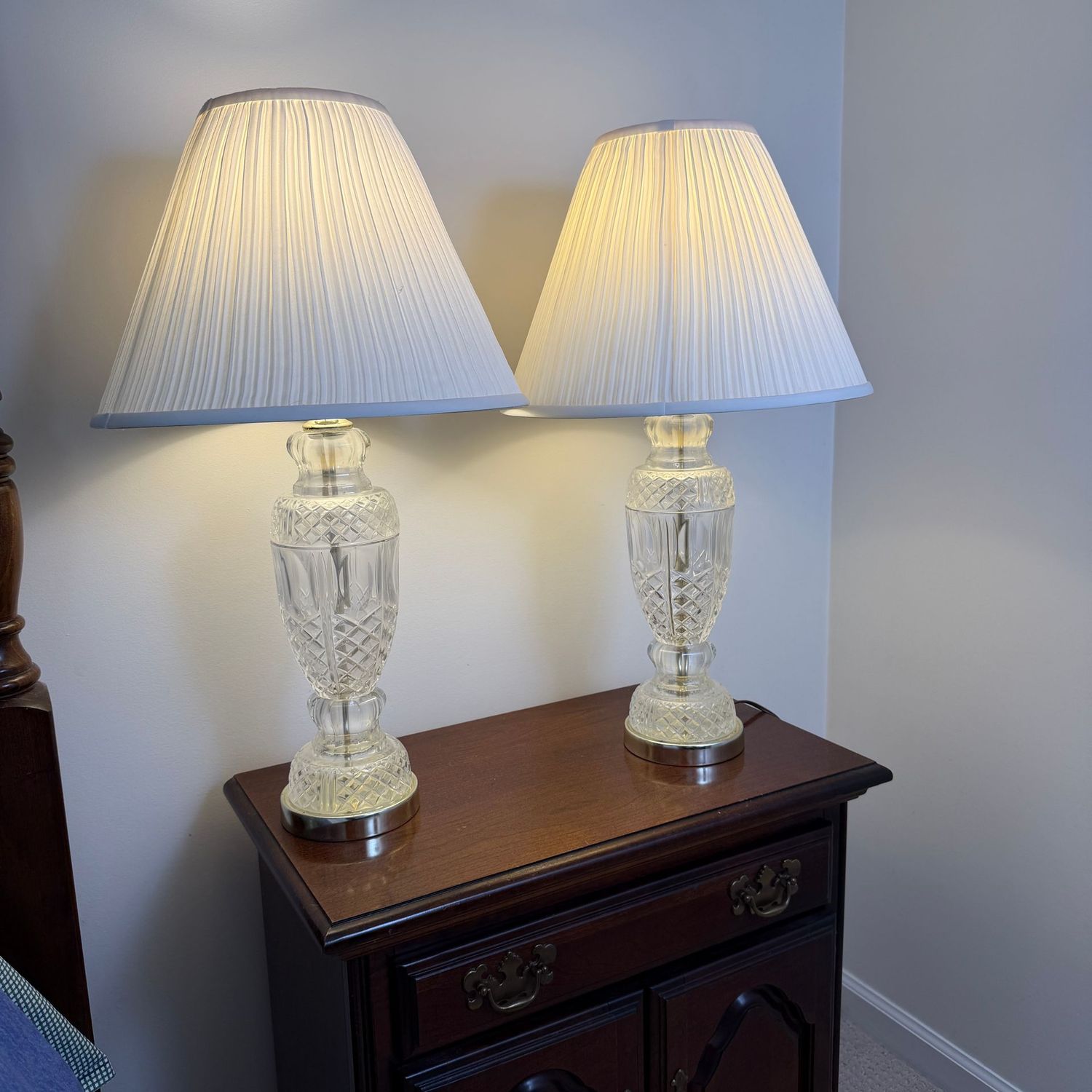 Pair of diamond-pattern clear glass table lamps, 27"H x  16"W
