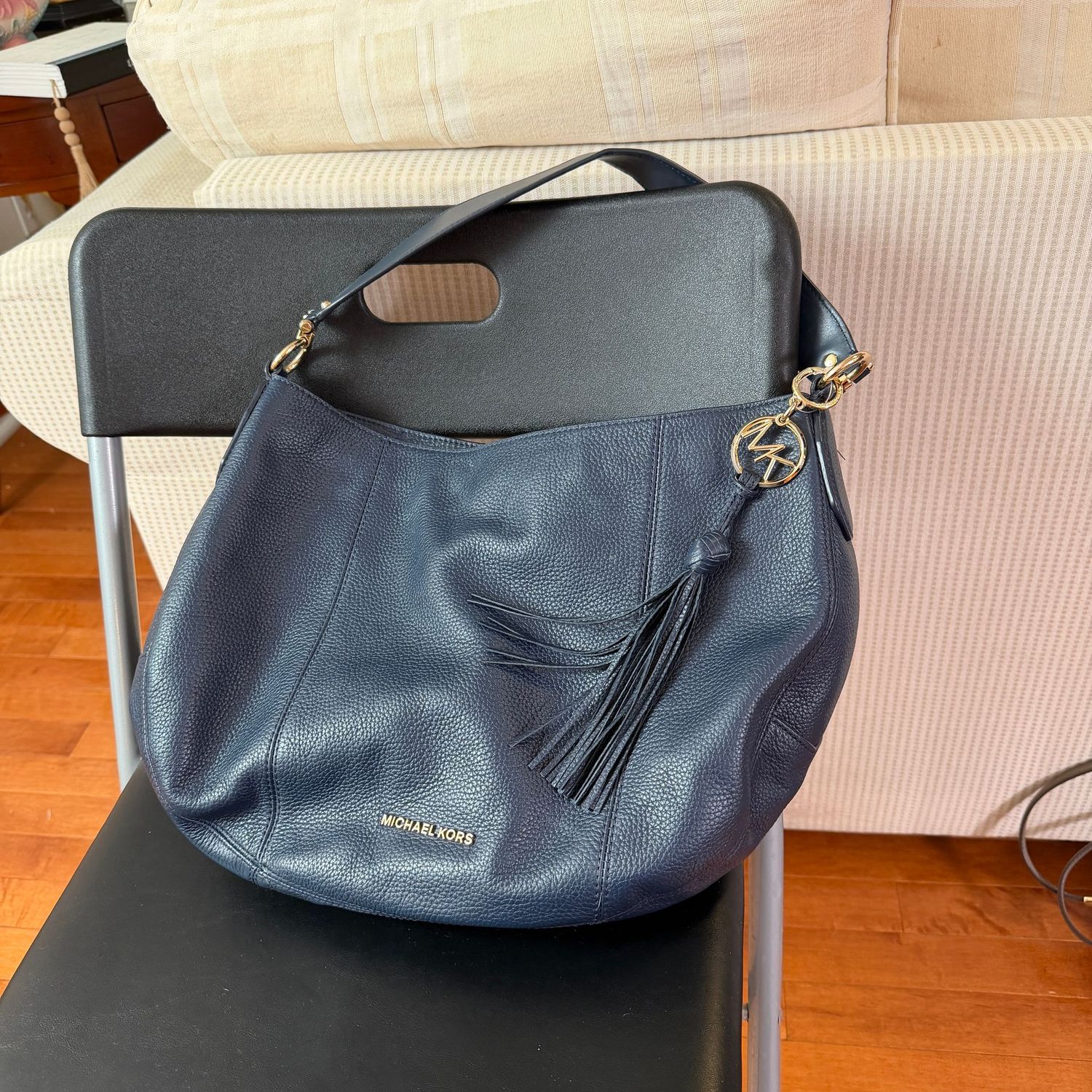 Michael Kors boho navy purse, 14"W