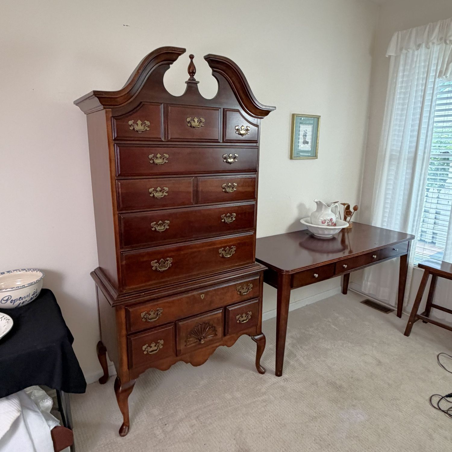 American Drew furniture highboy, 2 pieces, one drawer is taped inside (see photo), 6'6"H x 36"W x 22"D