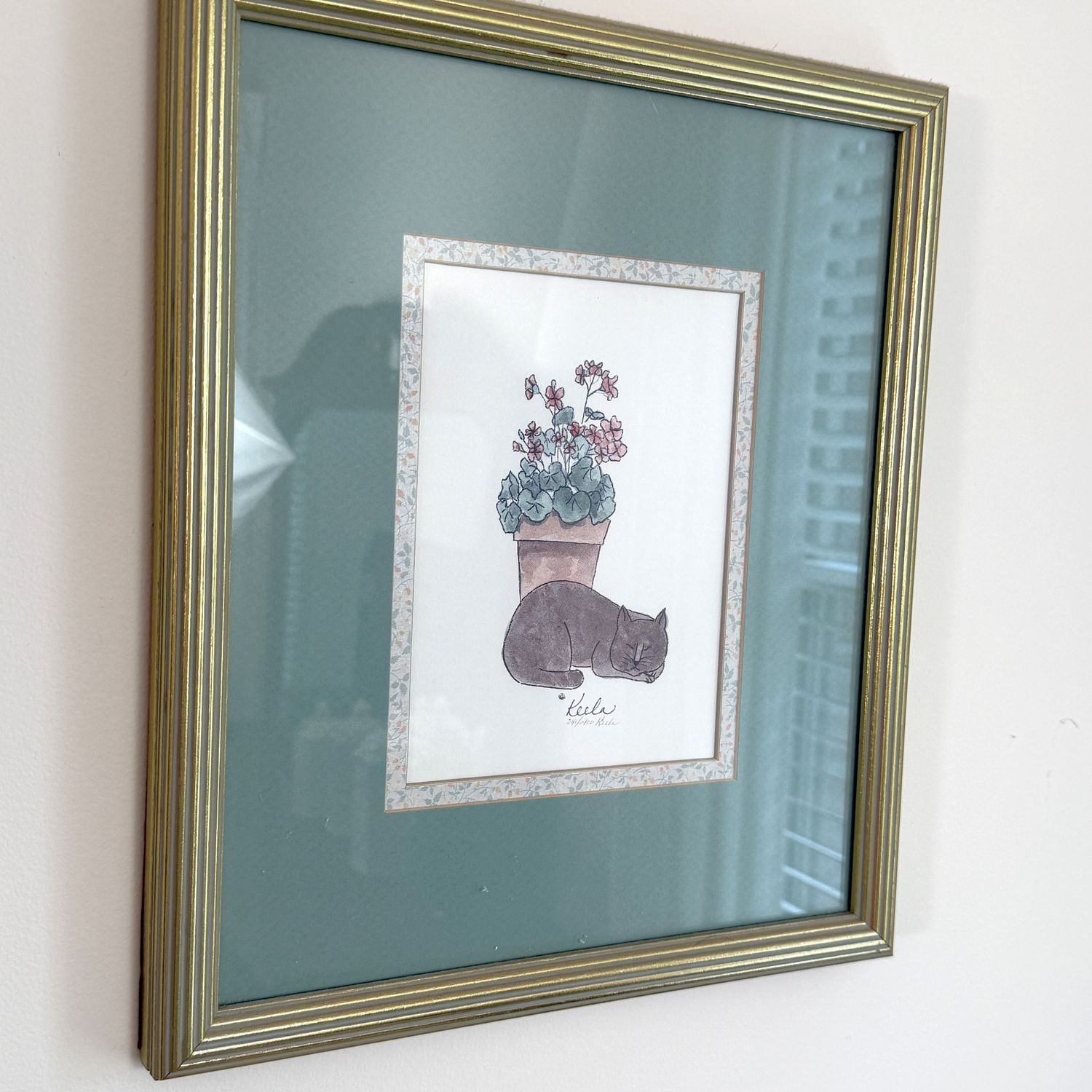 Framed sleeping cat print, 15 Framed sleeping cat print, 15" x 13"
