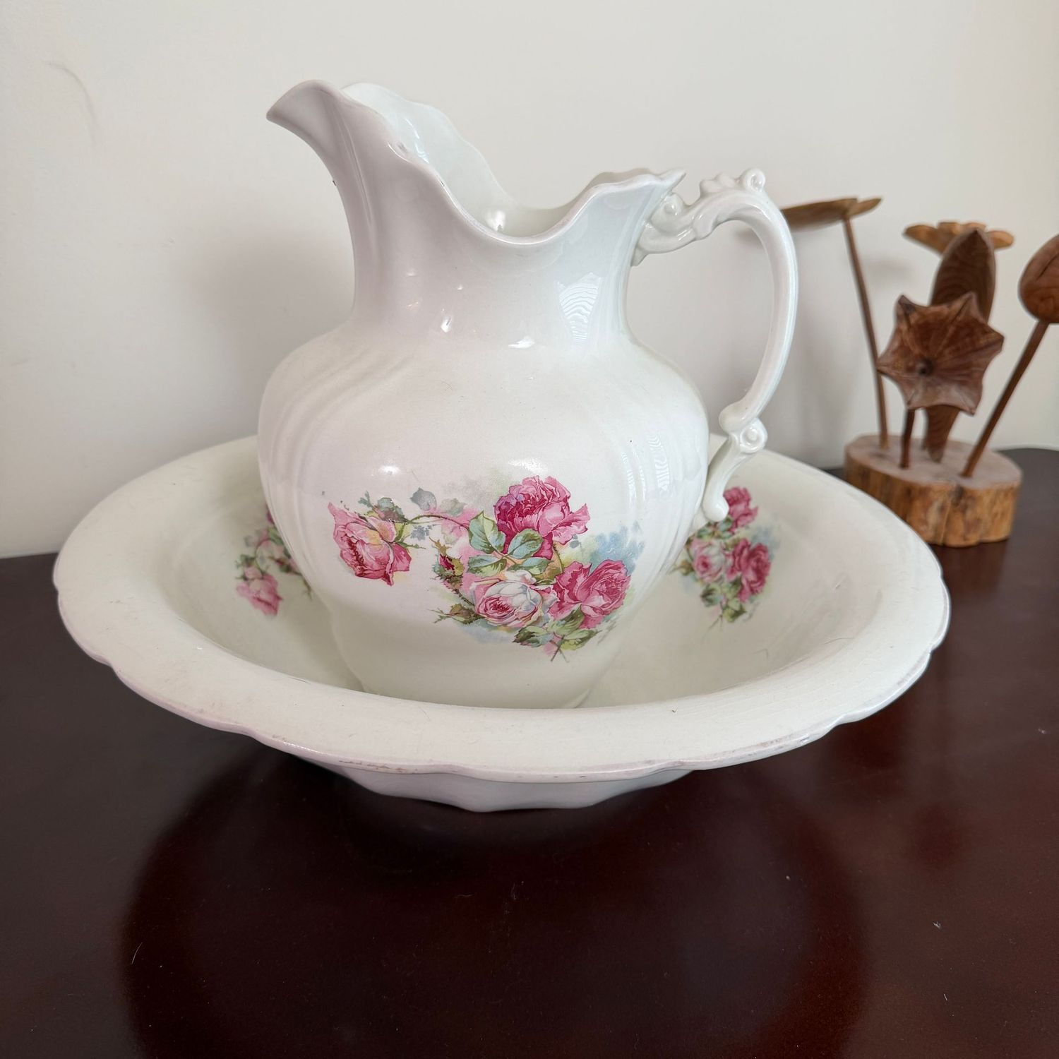 Stoneware pitcher and basin, pink roses, nice condition, bowl is 15"W