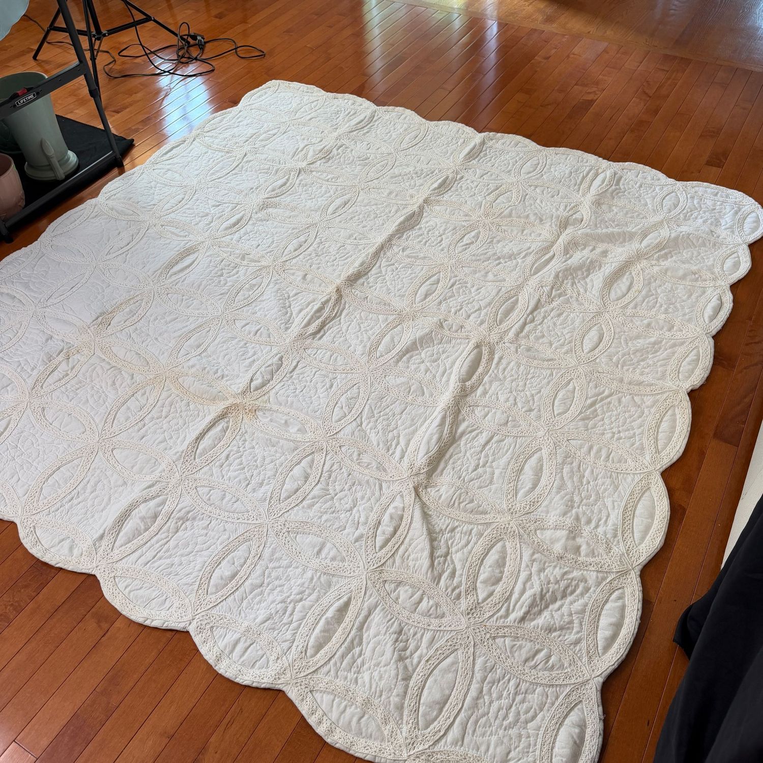 Ivory quilted, wedding ring lace bedspread, minor spots, 6'5 Ivory quilted, wedding ring lace bedspread, minor spots, 6'5" x 6'3"