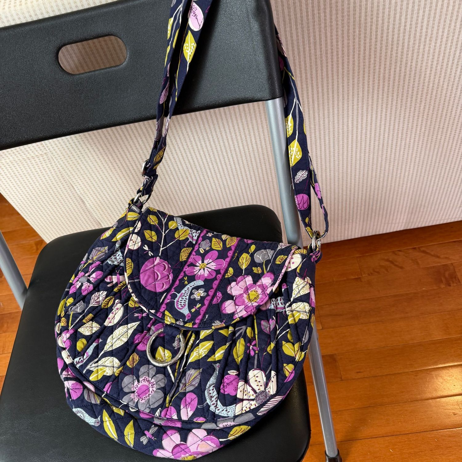 Vera Bradley quilted purple flower and bird purse, 13"W