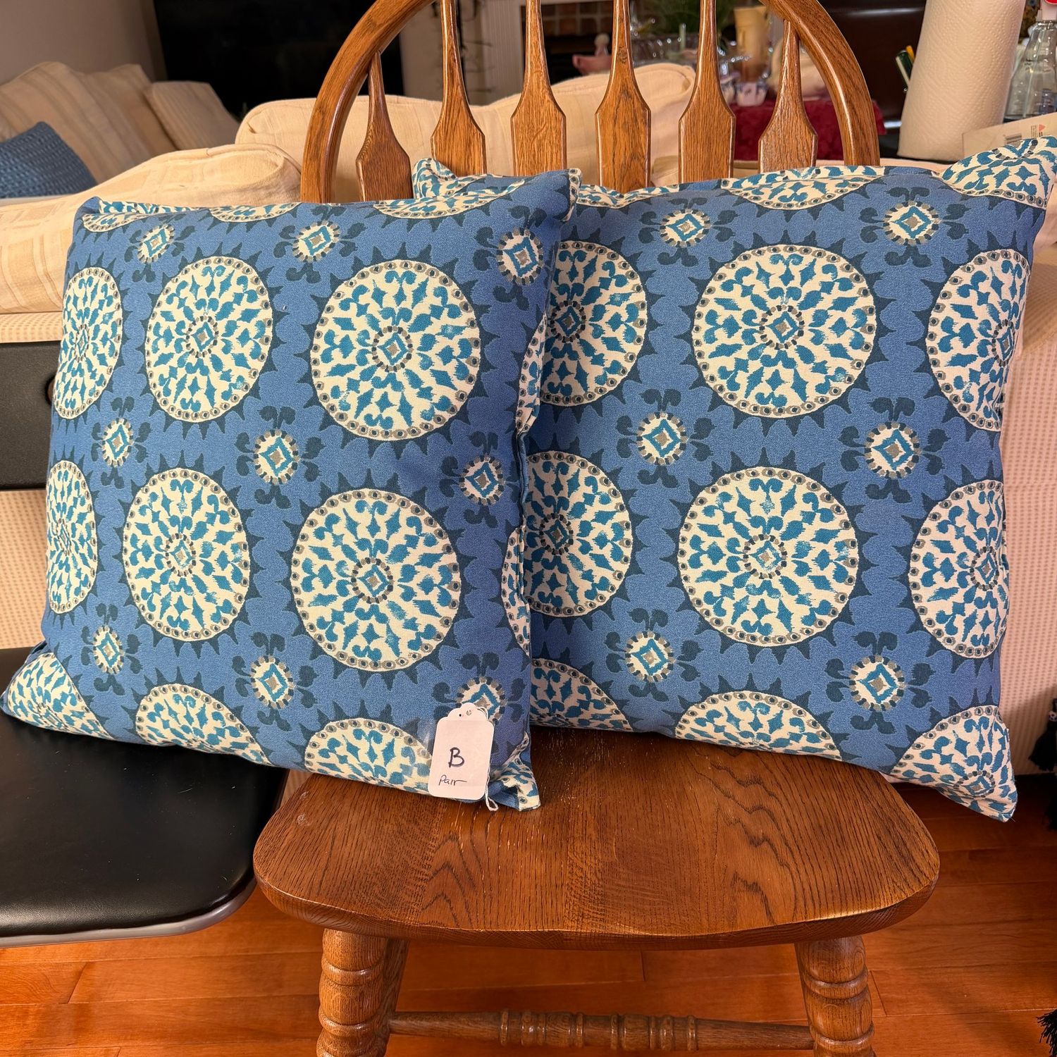 Pillow B - pair of large cotton blue medallion, 20"